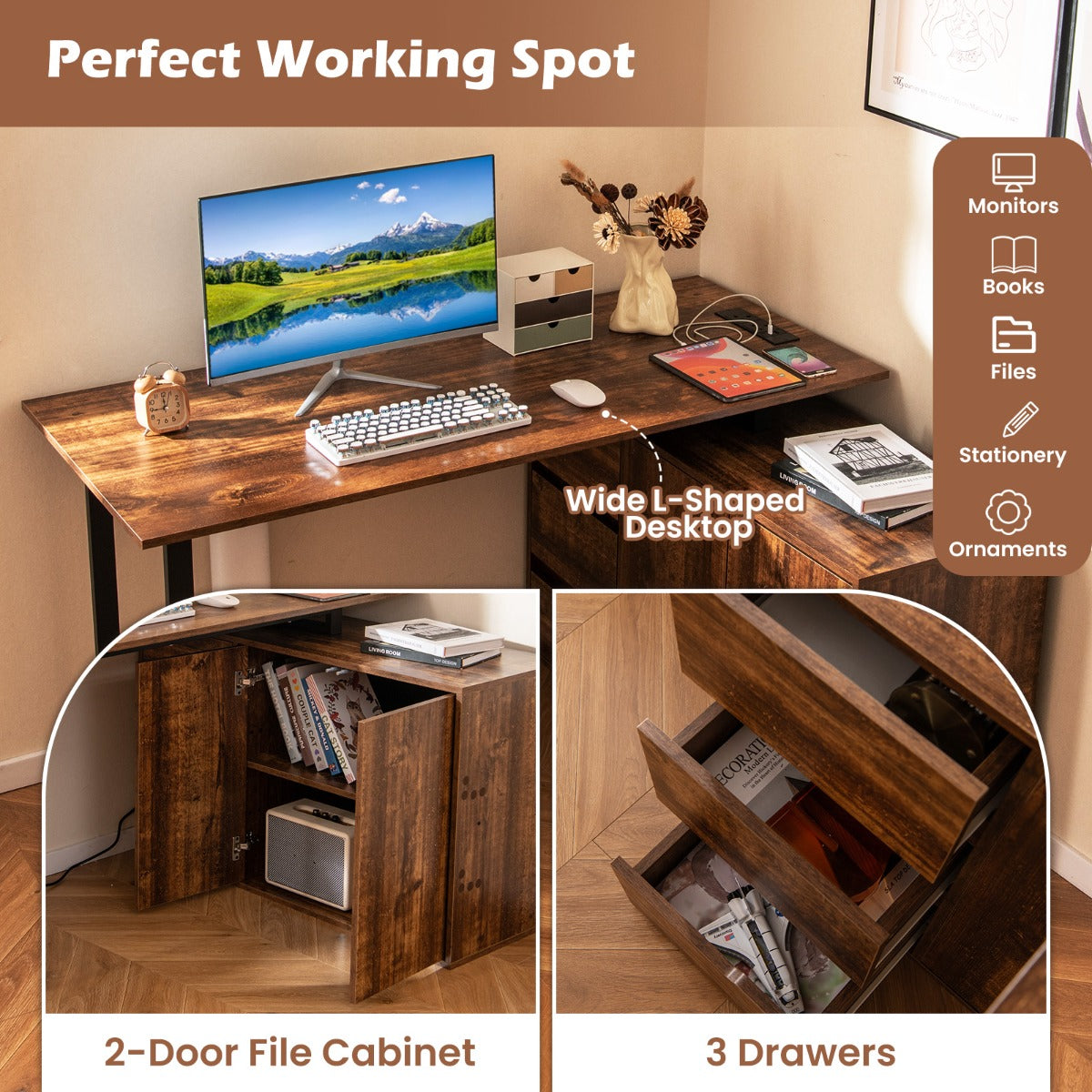 L-Shaped Desk with File Cabinet and Power Outlet-Black and Brown, Costway, 6