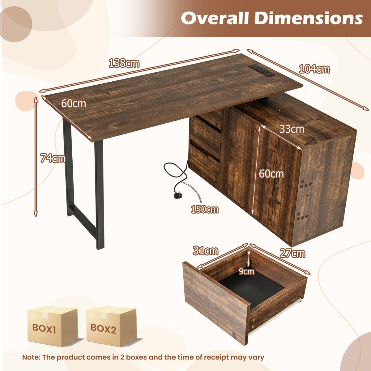 L-Shaped Desk with File Cabinet and Power Outlet-Black and Brown, Costway, 4