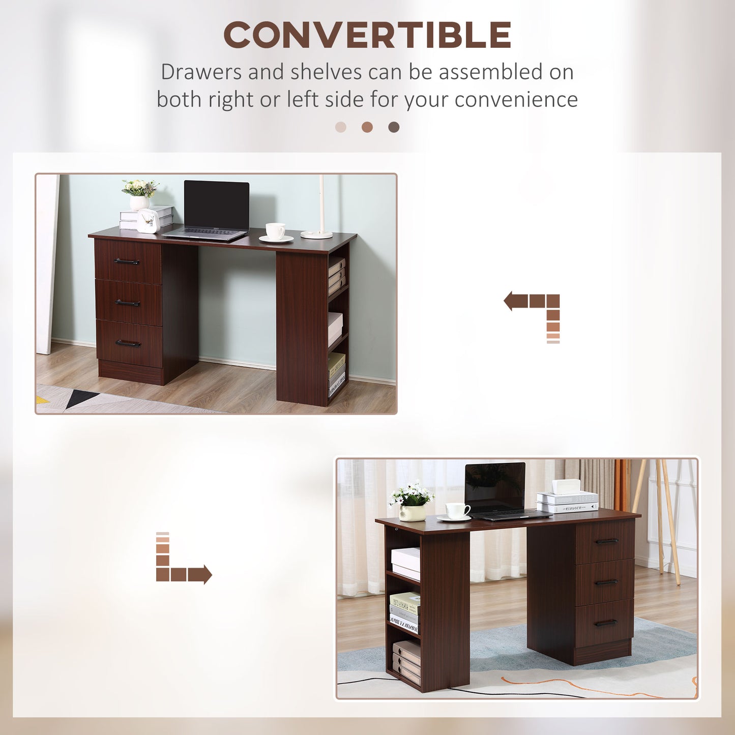 Computer Desk, Writing Table, PC Workstation with 3 Storage Shelves and Drawers, Black Handle, for Home Office, Walnut Brown, HOMCOM, 6