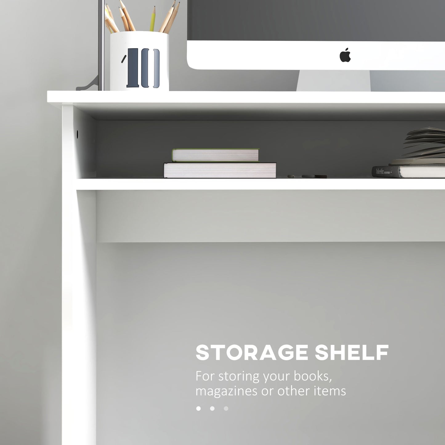 90 x 50cm Computer Table, Modern Home Office Desk, Small Writing Desk with Storage Shelf, High Gloss White, HOMCOM, 4