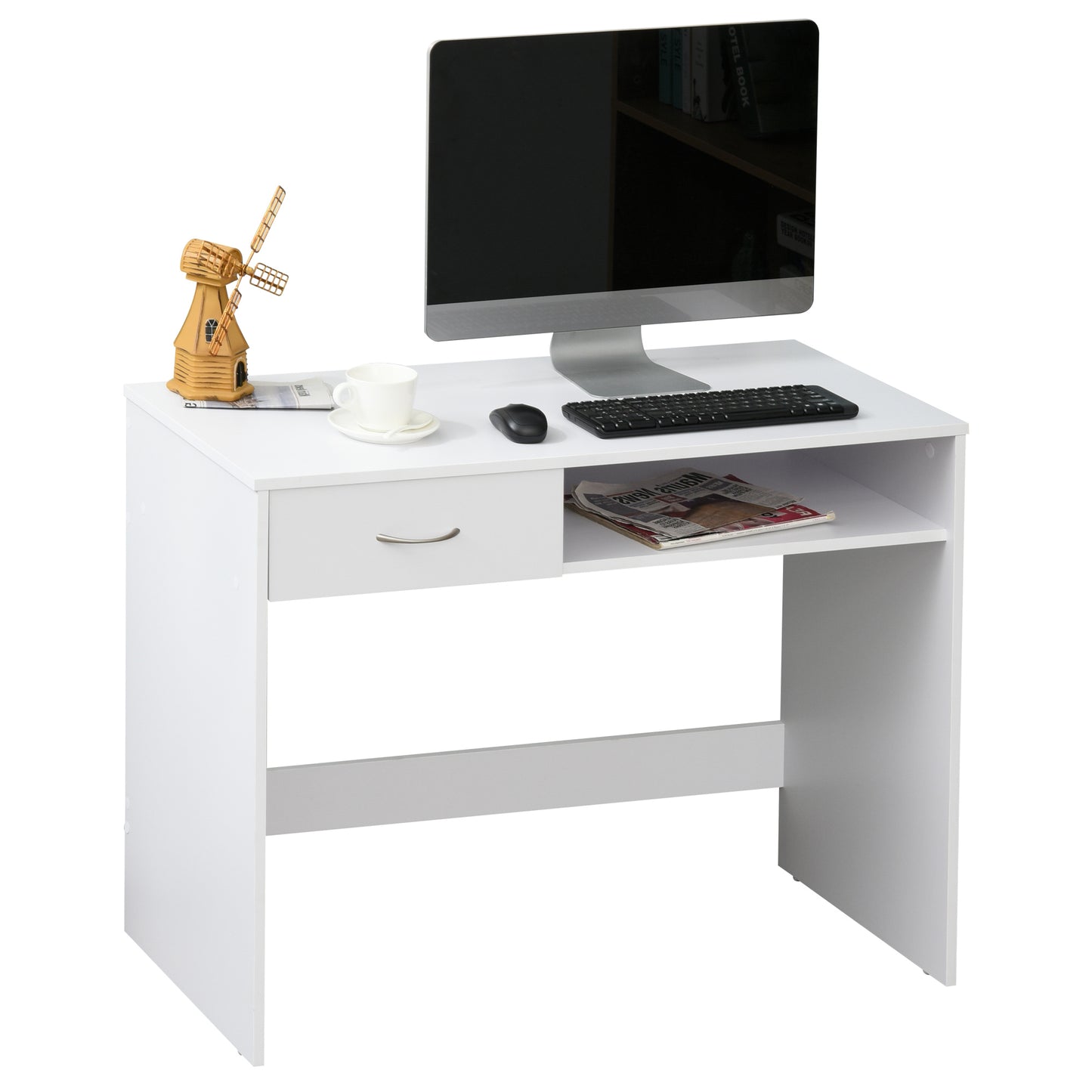 Compact Computer Desk, Study Table with Drawer and Storage Compartment, Writing Workstation, White, HOMCOM, 1