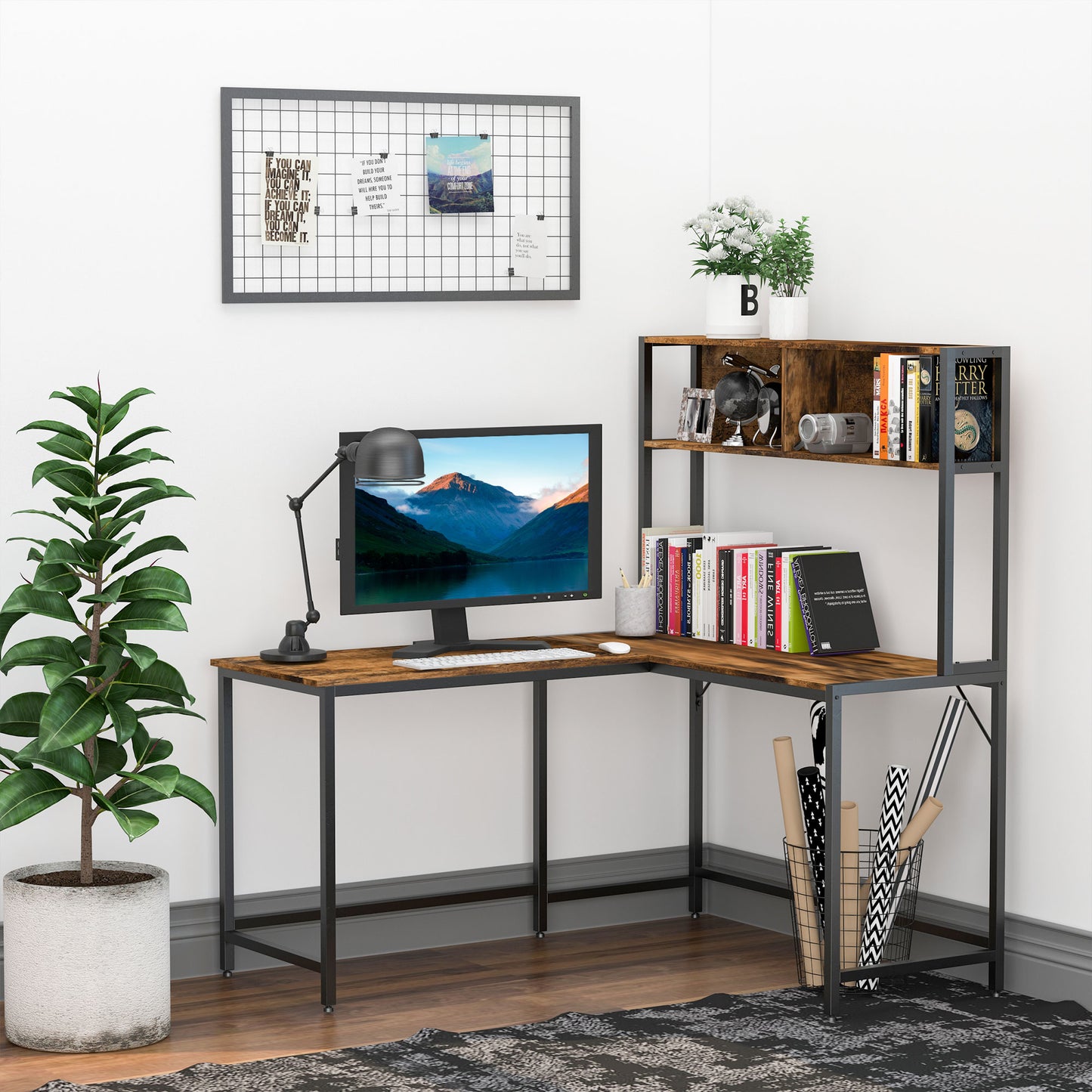 Reversible L Shaped Desk with Hutch, Industrial Computer Desk, Corner Desk with Storage Compartments and Steel Frame for Home Office, Study, 140 x 125cm, Brown, HOMCOM, 2