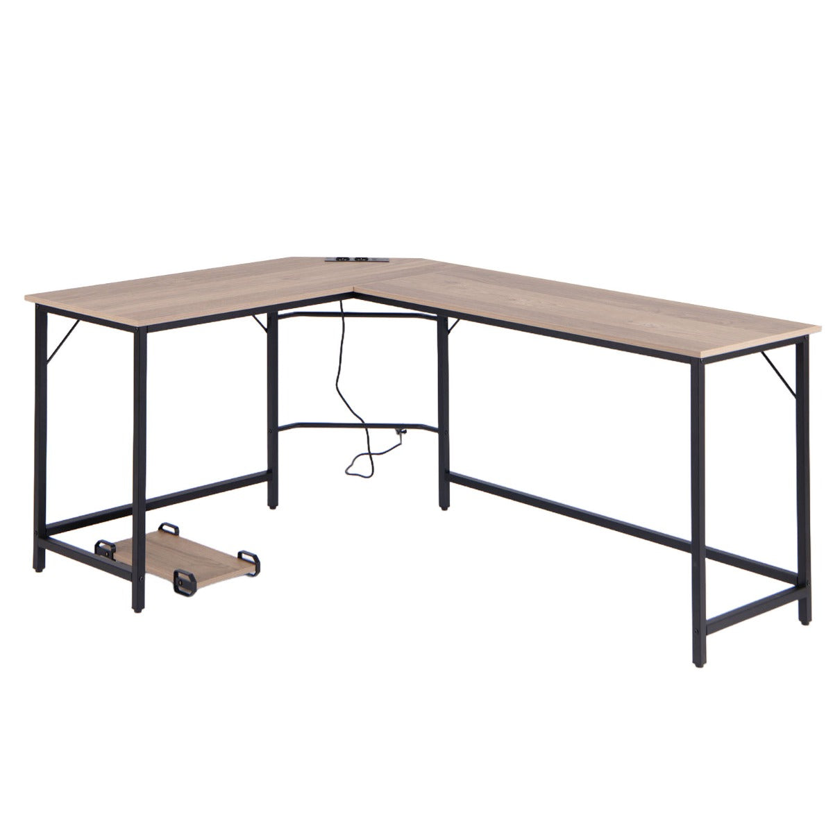 L-Shaped Desk with Power Outlet CPU Stand and Heavy-duty Metal Frame-Natural, Costway, 1