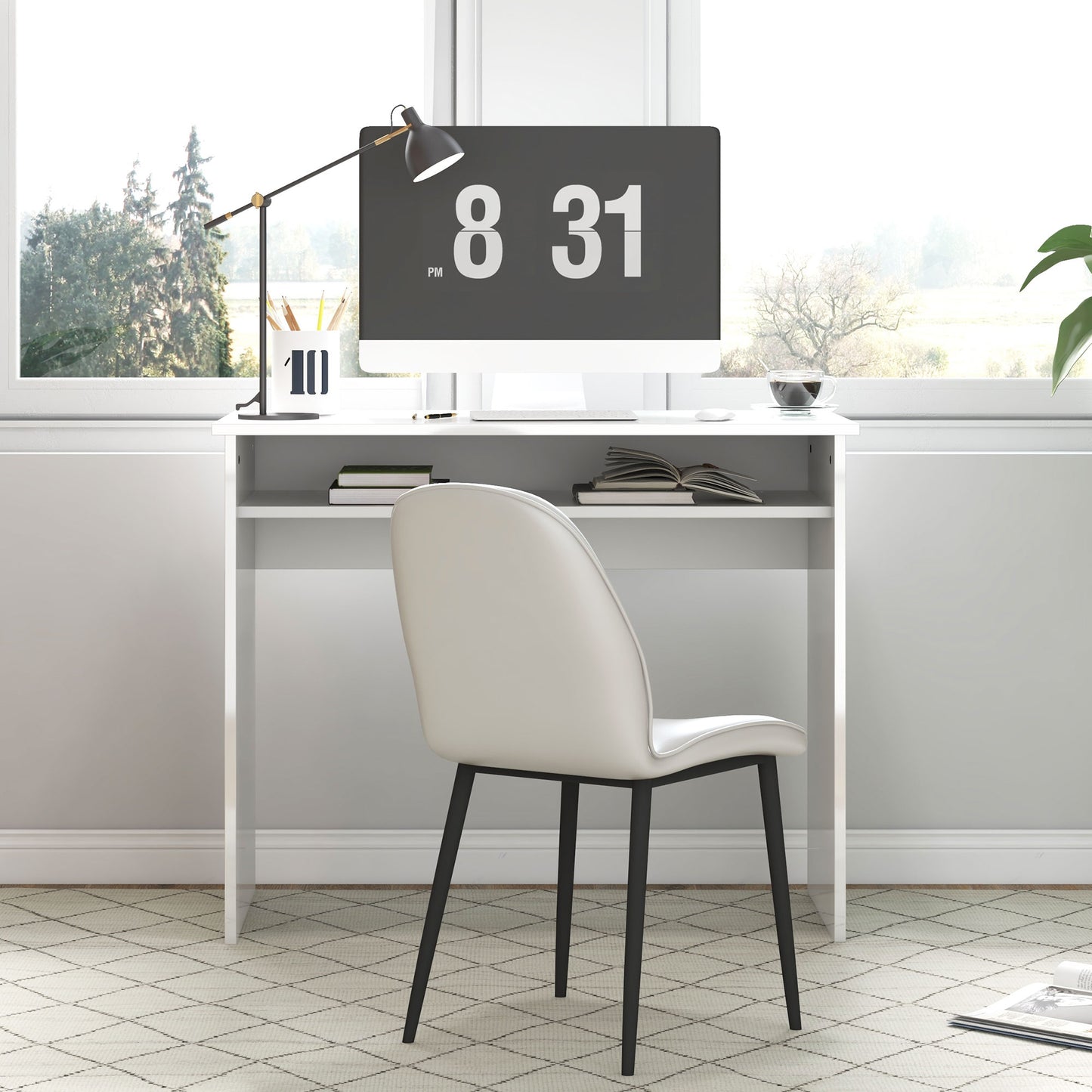 90 x 50cm Computer Table, Modern Home Office Desk, Small Writing Desk with Storage Shelf, High Gloss White, HOMCOM, 8