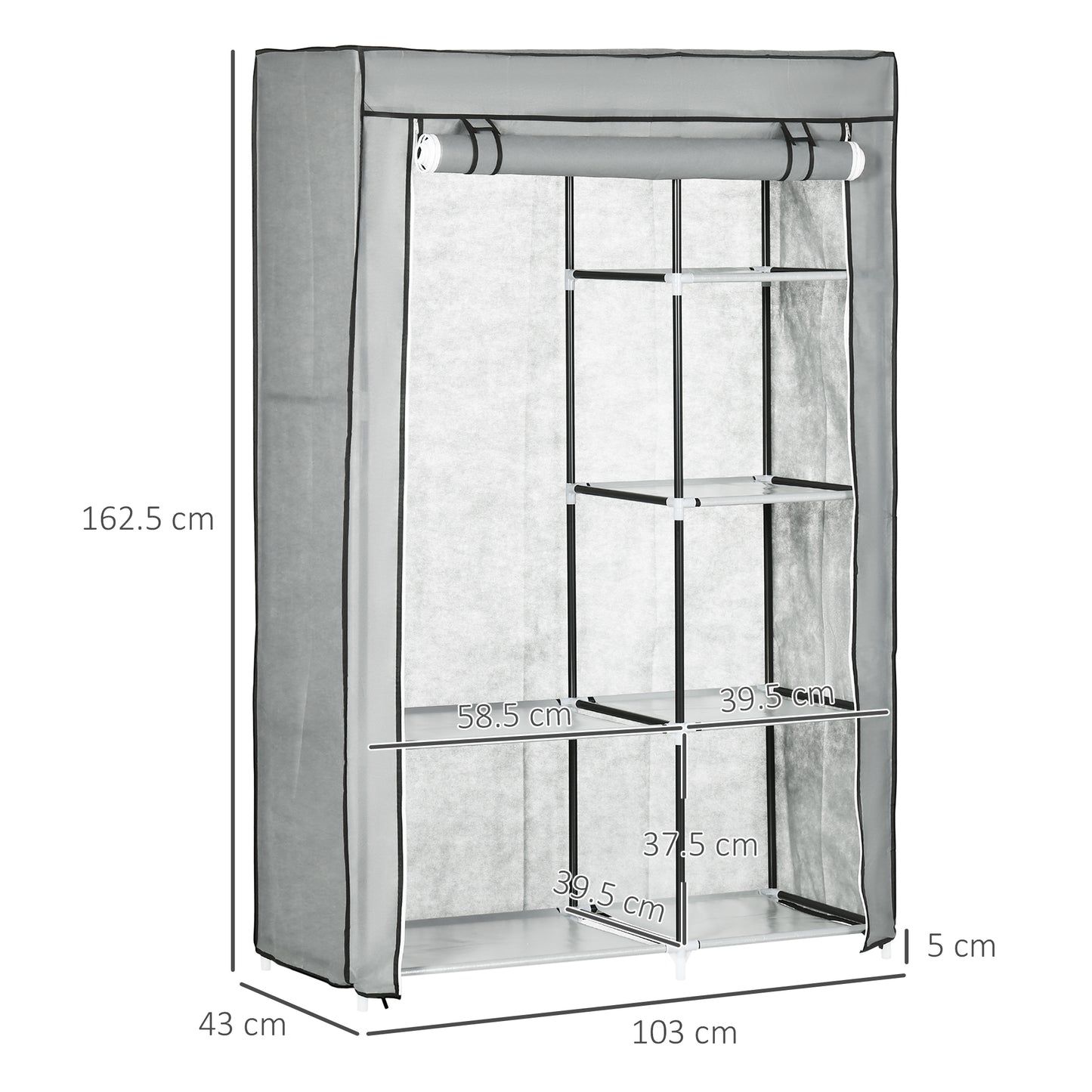 Fabric Wardrobe, Portable Wardrobe with 6 Shelves, 1 Hanging Rail, Foldable Closets, 103 x 43 x 162.5 cm, Light Grey, HOMCOM, 3