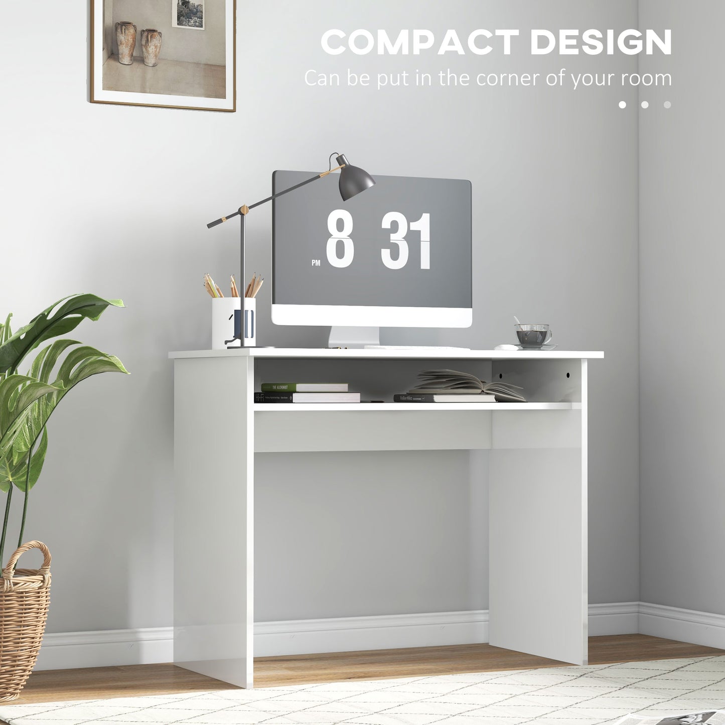 90 x 50cm Computer Table, Modern Home Office Desk, Small Writing Desk with Storage Shelf, High Gloss White, HOMCOM, 6