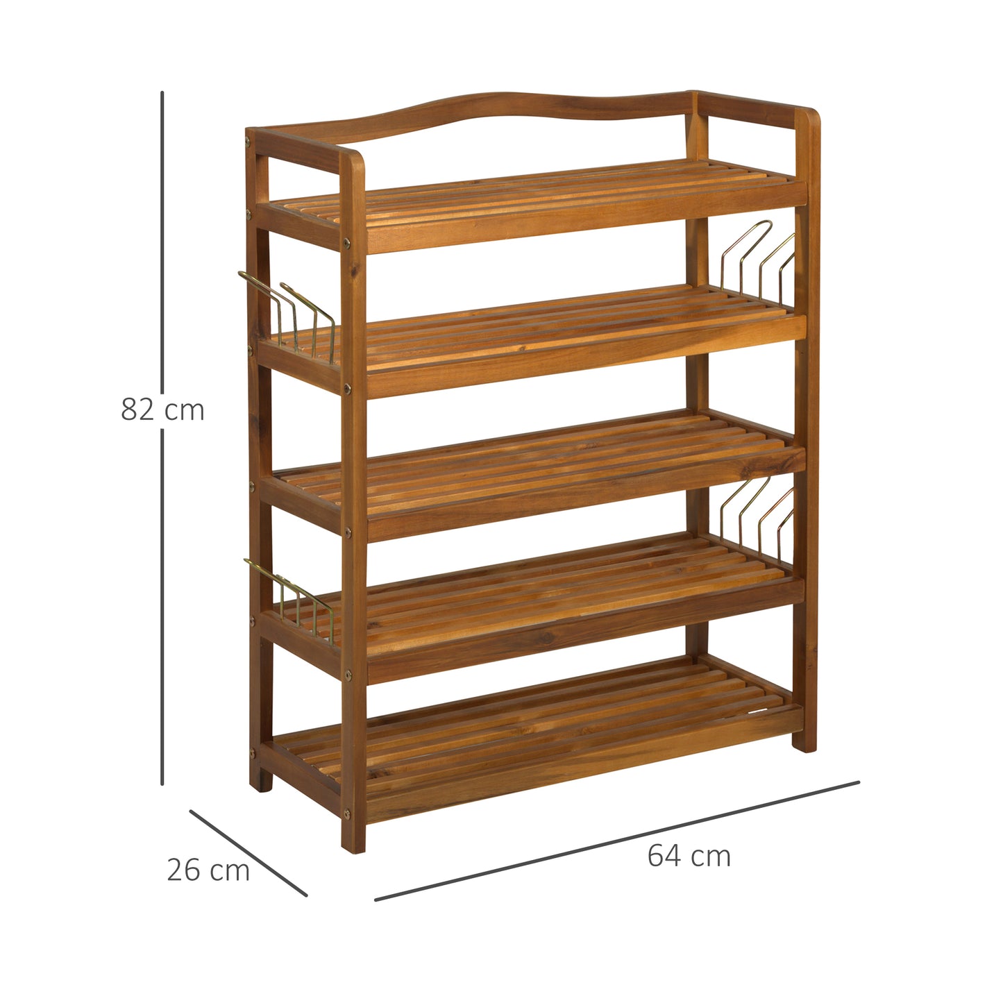 5-Tier Shoe Rack, Acacia Wooden Shoe Storage Organiser with Hangers, Holds up to 24 Pairs, for Entryway, Living Room, 64 x 26 x 82 cm, Teak, HOMCOM, 3