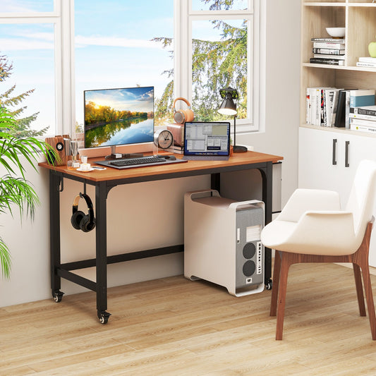 120cm Mobile Computer Desk with Storage Bag and 2 Headphone Hooks-Teak, Costway, 2