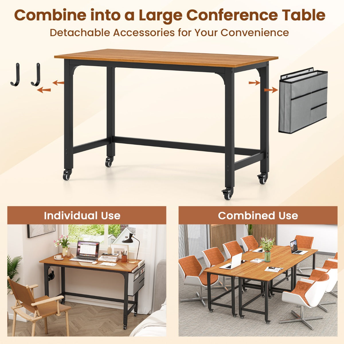 120cm Mobile Computer Desk with Storage Bag and 2 Headphone Hooks-Teak, Costway, 7