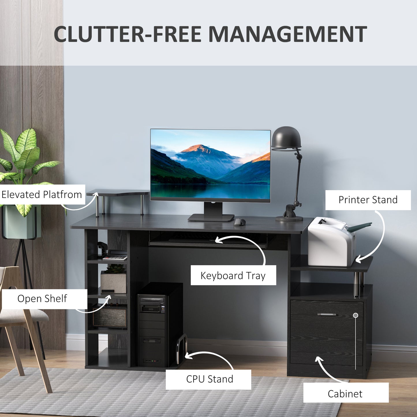 Computer Desk PC Workstation with Drawer Shelves CPU Storage Rack Home Office Furniture 152 x 60 x 88cm (BLACK), HOMCOM, 4