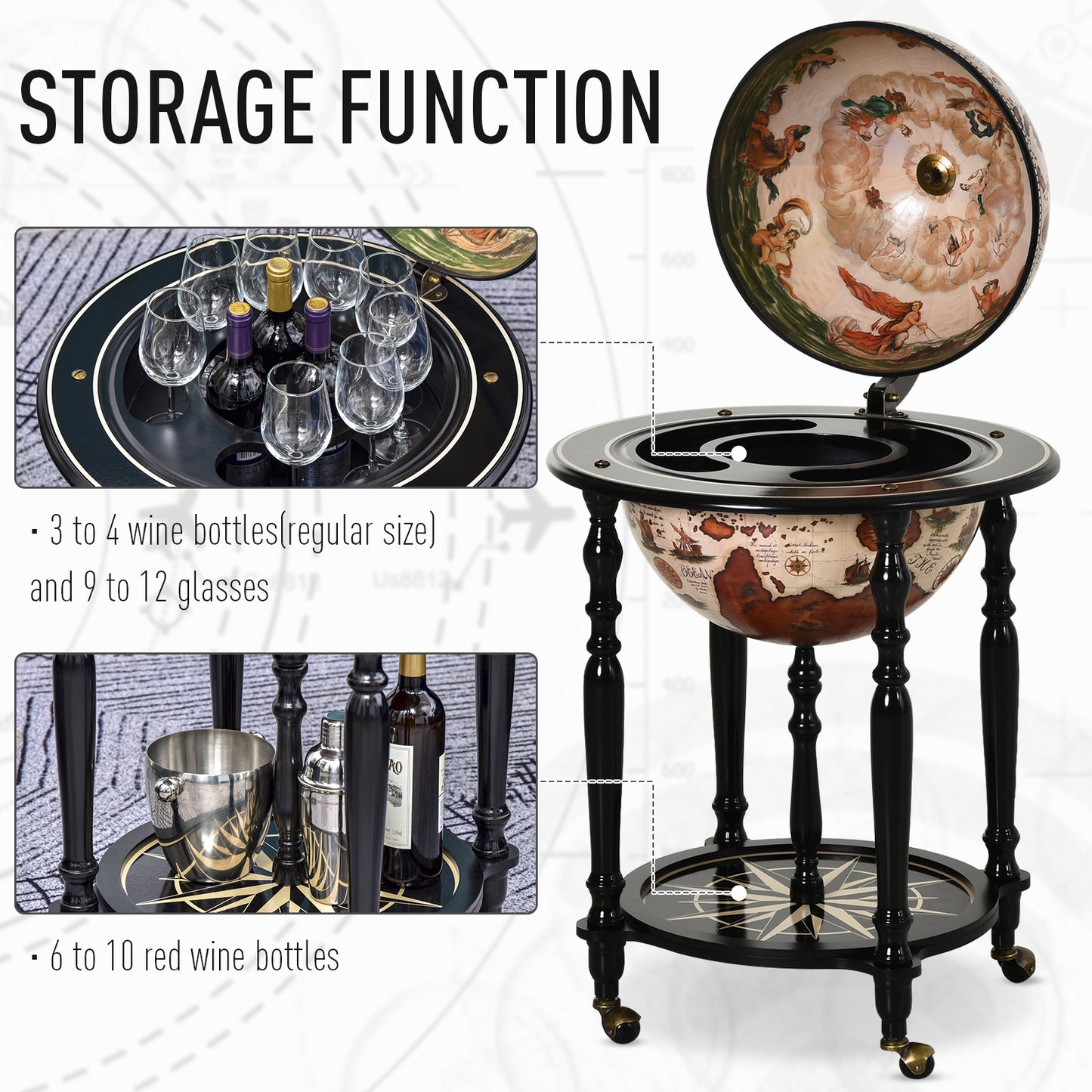 Unique Globe Drinks Cabinet Wood Frame 3 Compartments Bottles Glasses w/ Bottom Shelf 4 Wheels Elegant Antique Movable Safe Storage Presentation Wine Alcohol Beverage Trolley Brown Beige, HOMCOM, 4