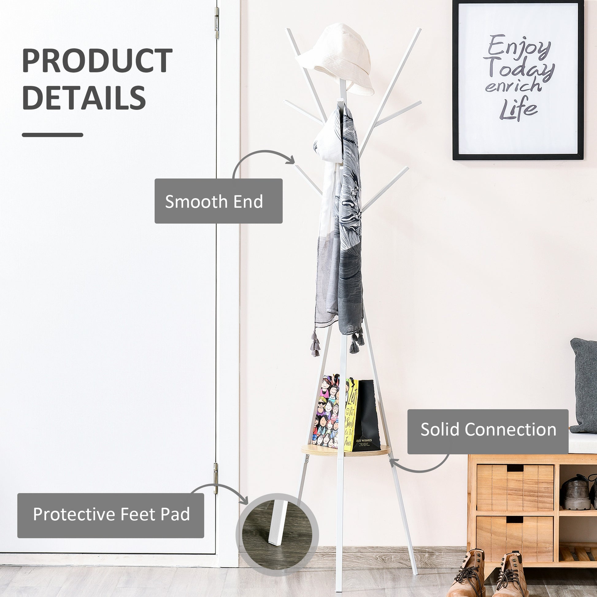 Freestanding Metal Coat Rack Stand 9 Hooks Clothes Tree with 1 Shelf Hat Display Hall Tree Hanger Bag Umbrella Hanging Organiser White, HOMCOM, 5