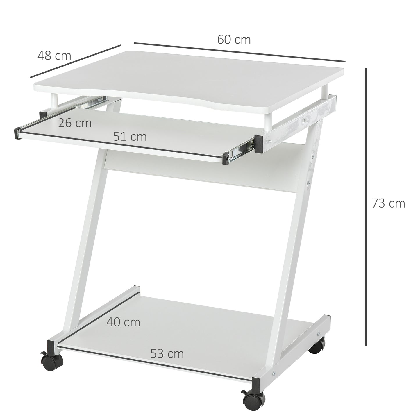 Movable Computer Desk with 4 Moving Wheels Sliding Keyboard Tray Home Office Workstation White, HOMCOM, 3