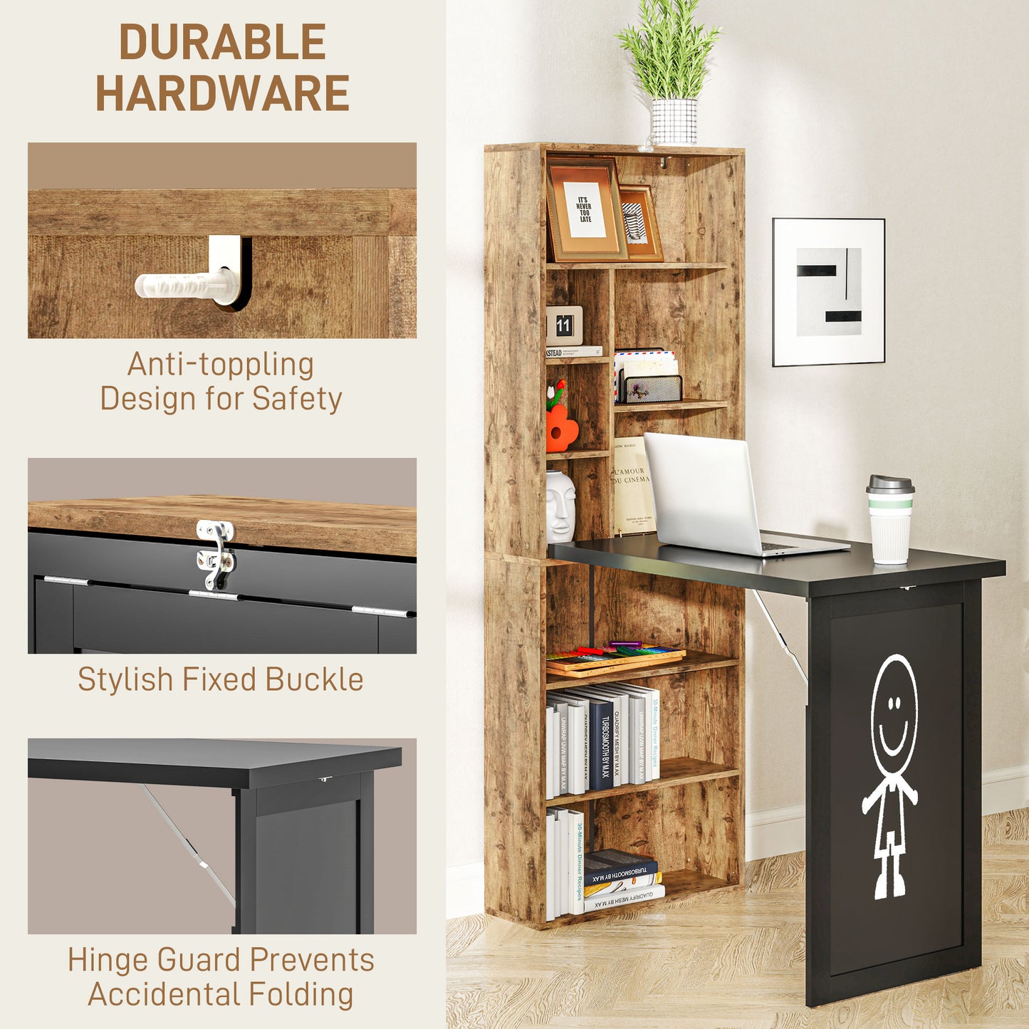 Folding Desk with Blackboard Multi-function Computer Office Workstation Side Shelf for Home Office, Rustic Brown, HOMCOM, 4