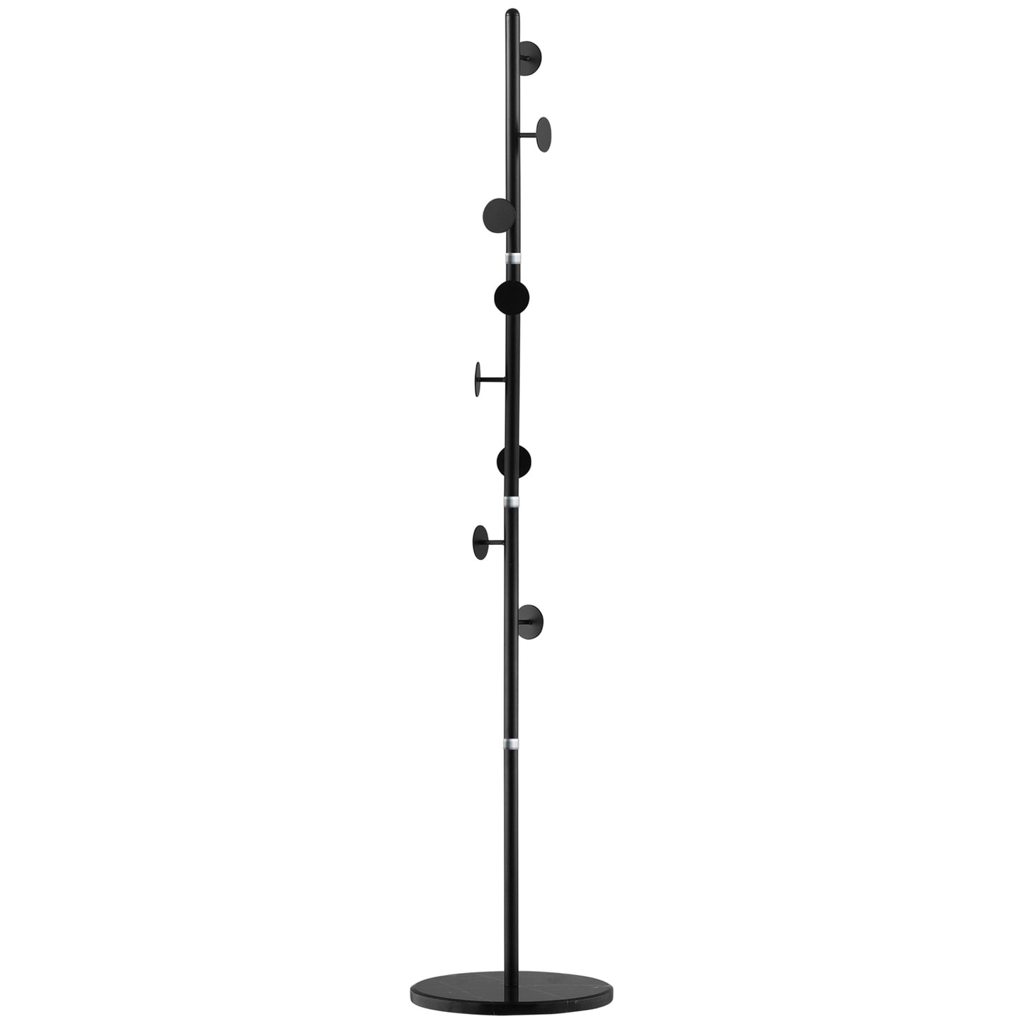 Coat Rack Free Standing Hall Tree with 8 Round Disc Hooks for Clothes, Hats,Purses, Steel Entryway Coat Stand with Marble Base for Entryway, Living Room, Bedroom, Black, HOMCOM, 1