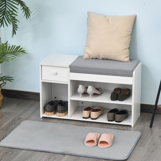 Multi-Storage Shoe Bench w/ Drawer 3 Compartments Cushioned Home Organisation Furniture Tidy Boots Hallway Entryway White, HOMCOM, 2