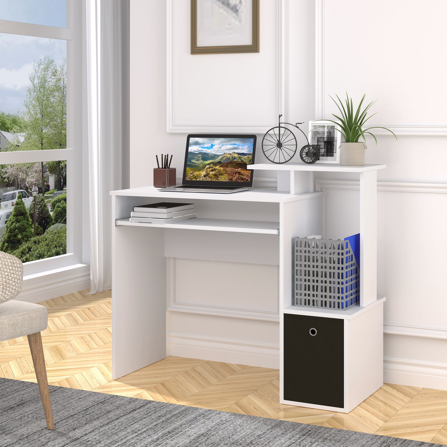 Computer Desk with Sliding Keyboard Tray Storage Drawer Shelf Home Office Workstation White, HOMCOM, 2