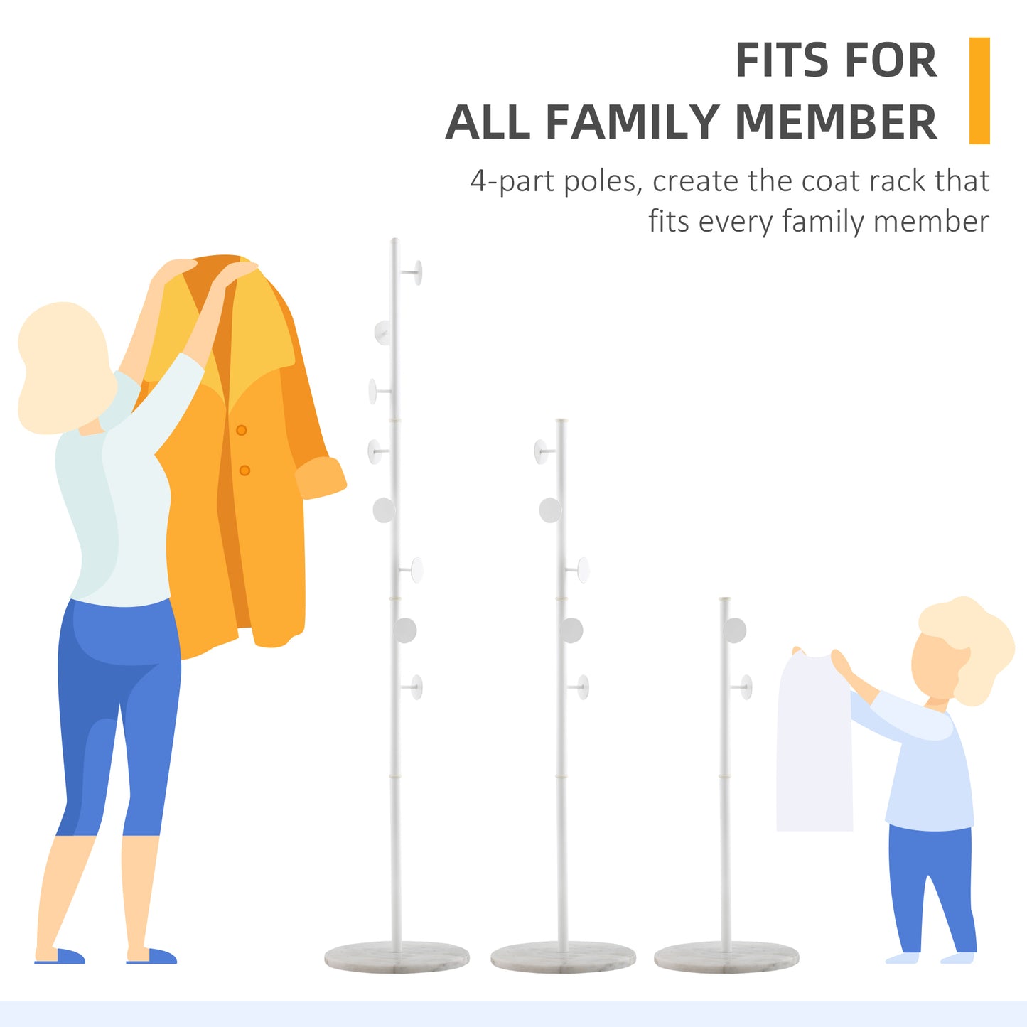 Coat Rack Free Standing Hall Tree with 8 Round Disc Hooks for Clothes, Hats,Purses, Steel Entryway Coat Stand with Marble Base for Entryway, Living Room, Bedroom, White, HOMCOM, 7
