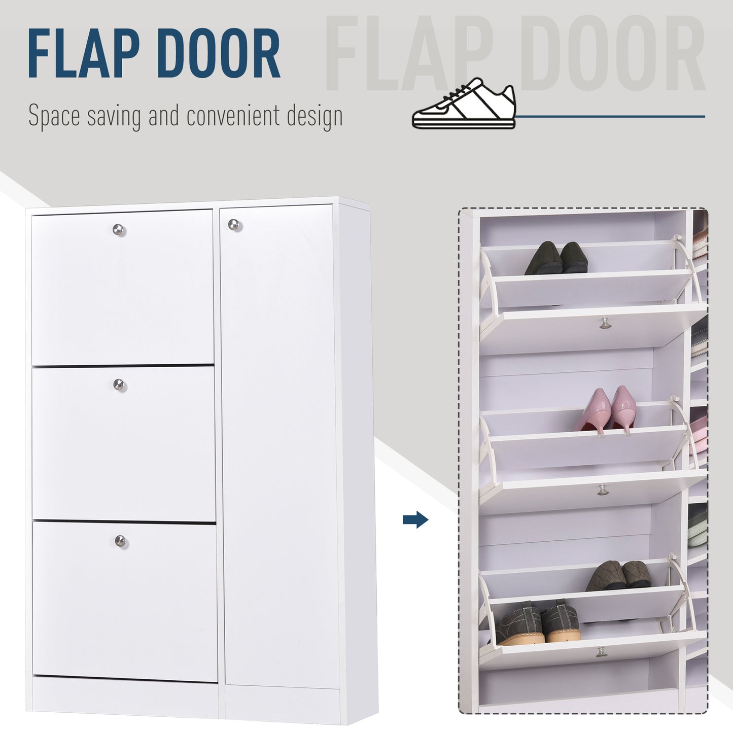 Shoe Cabinet with 3 Flip Drawers, Narrow Shoe Storage Cabinet with 5-tier Cupboard and Adjustable Dividers for Hallway, Entryway, White, HOMCOM, 4