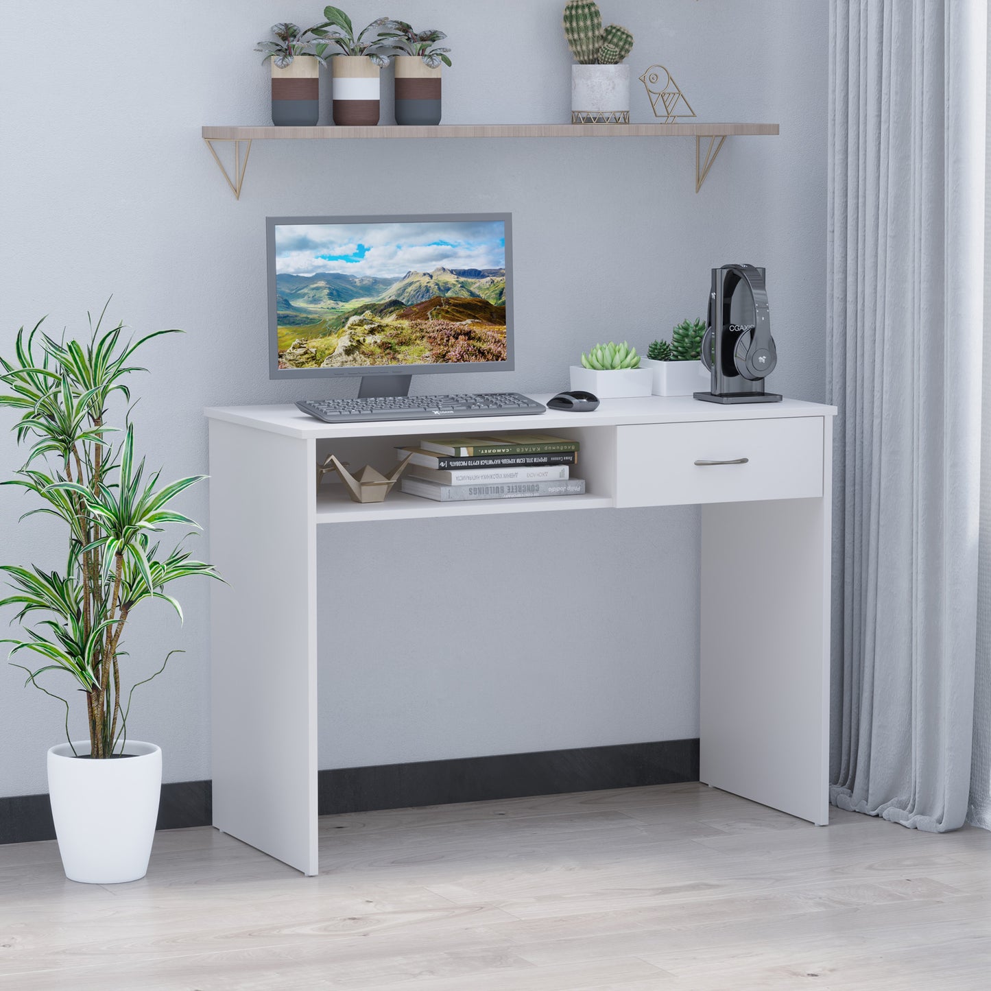 Compact Computer Desk, Study Table with Drawer and Storage Compartment, Writing Workstation, White, HOMCOM, 2