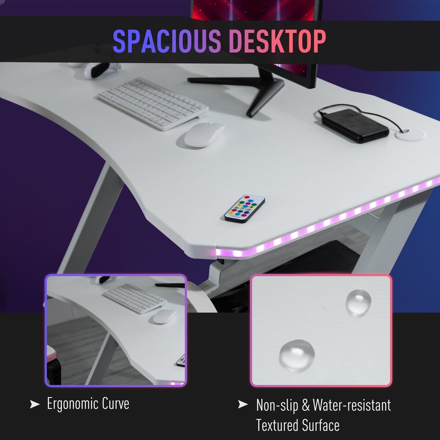 RGB 120 x 66cm Gaming Desk, Computer Table with Carbon Fibre Surface, Headphone Hook, Cup Holder, Controller Rack, Home Office Desk, White, HOMCOM, 7