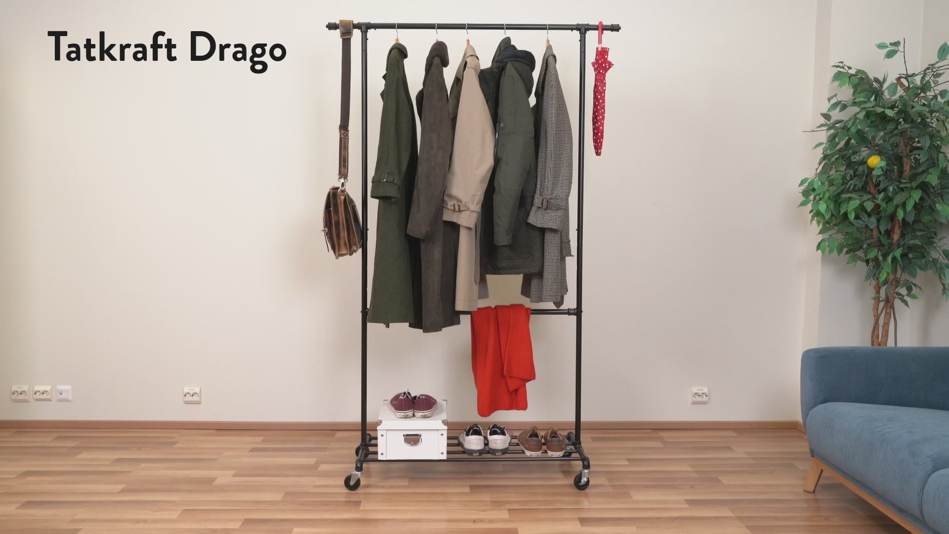 Clothes Rail on Wheels, Heavy Duty, Double Rail, with Shelf for Shoe Storage, Industrial Design, Black Metal, Tatkraft Drago, Video