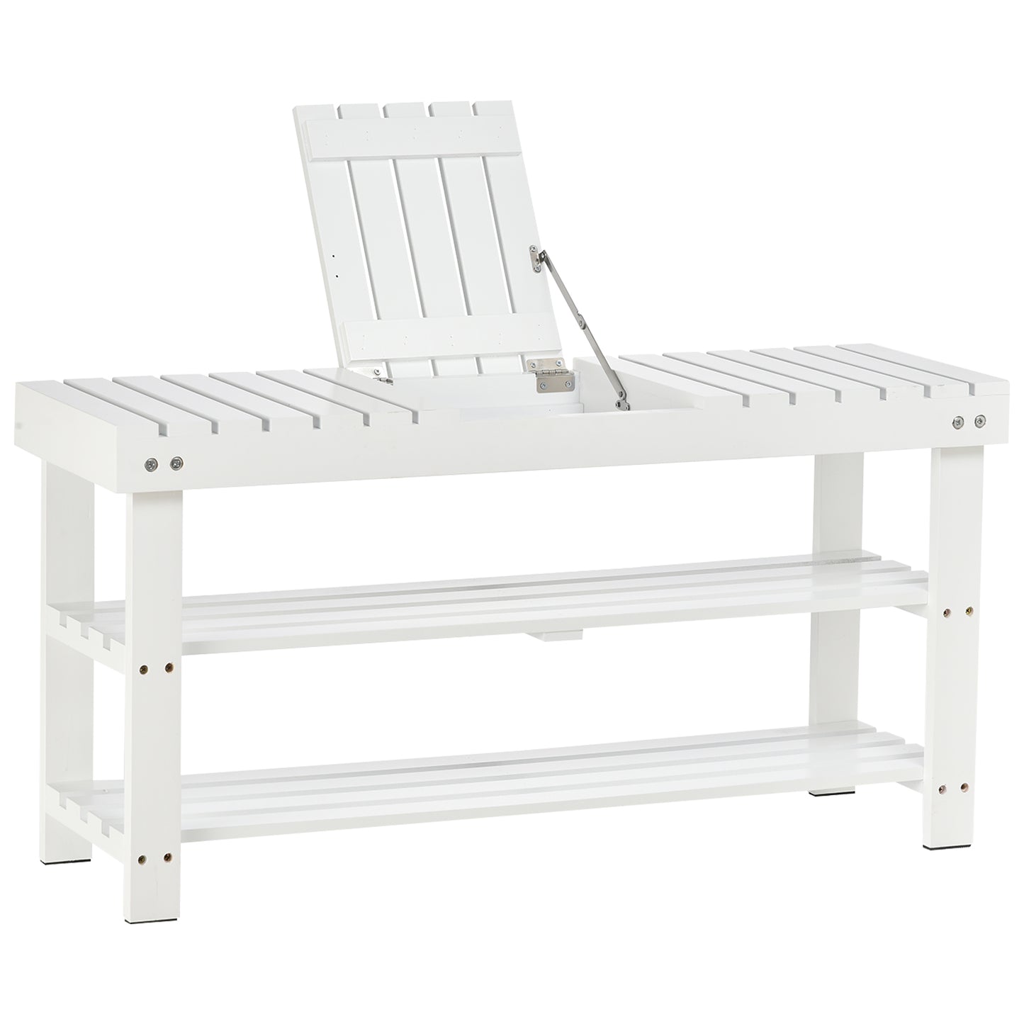 Shoe Bench, 3-Tier Wooden Shoe Rack with Hidden Storage Compartment, Slatted Shelves, Home Storage Unit, Hallway Furniture, White, 90L x 29W x45H cm, HOMCOM, 9