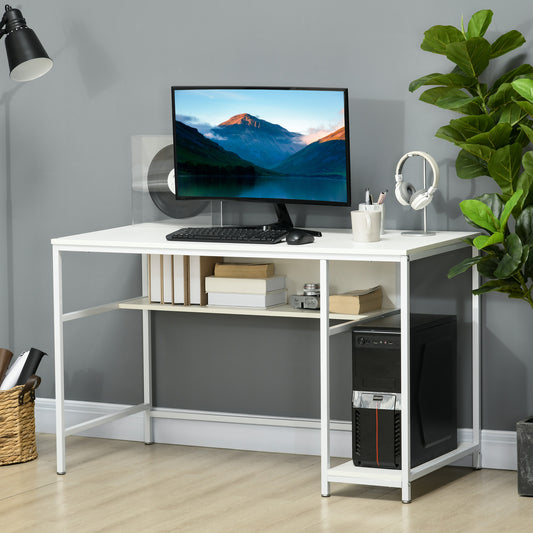 Computer Desk with Storage, 120 x 60cm Home Office Desk with 2 Shelves and Steel Frame, Writing Table for Living Room, Study, White, HOMCOM, 2
