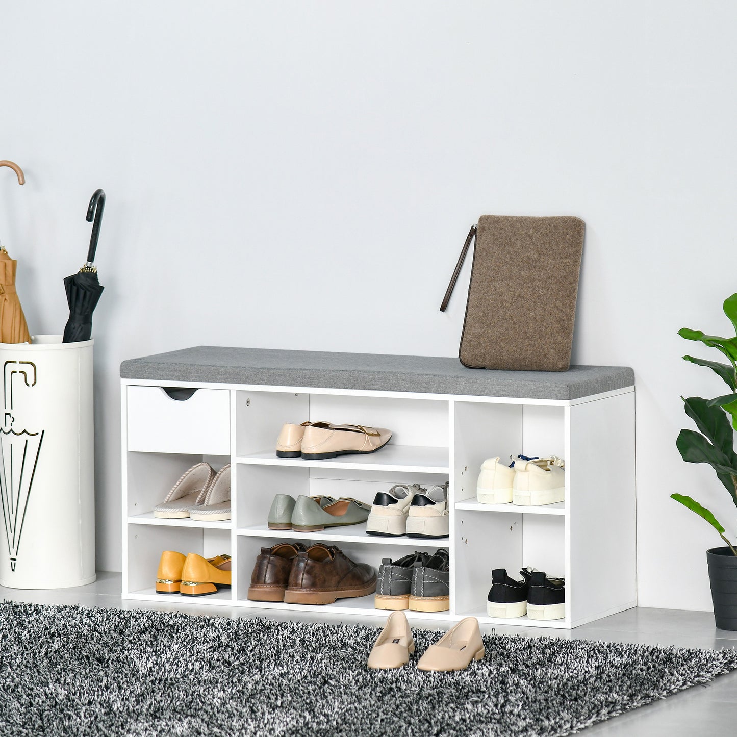 Shoe Bench with Seat Cushion Shoe Storage Cabinet with 7 Compartments Drawer Adjustable Shelves for Entryway Hallway Living Room White and Grey, HOMCOM, 2