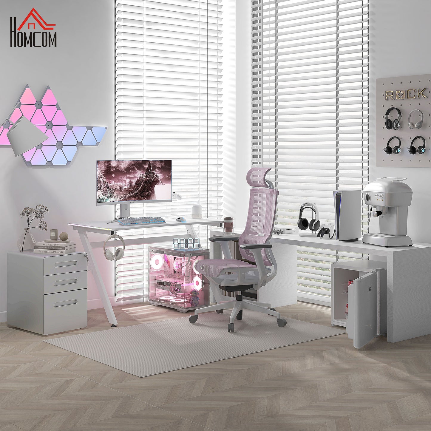 RGB 120 x 66cm Gaming Desk, Computer Table with Carbon Fibre Surface, Headphone Hook, Cup Holder, Controller Rack, Home Office Desk, White, HOMCOM, 9
