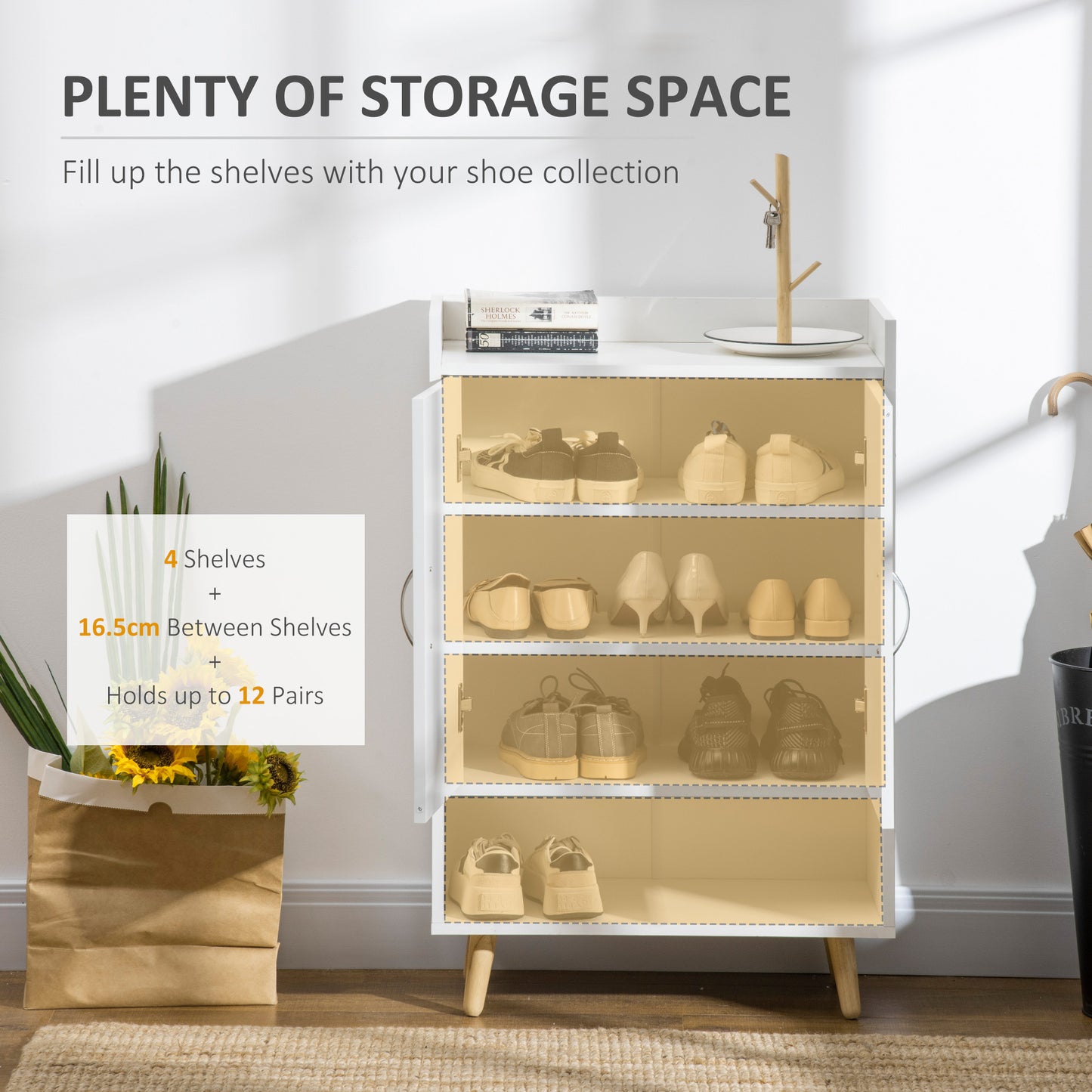 Modern Shoe Cabinet Storage Organizer with Doors and Shelves for Hallway & Entryway, 60L x 30W x 92Hcm, White, HOMCOM, 4