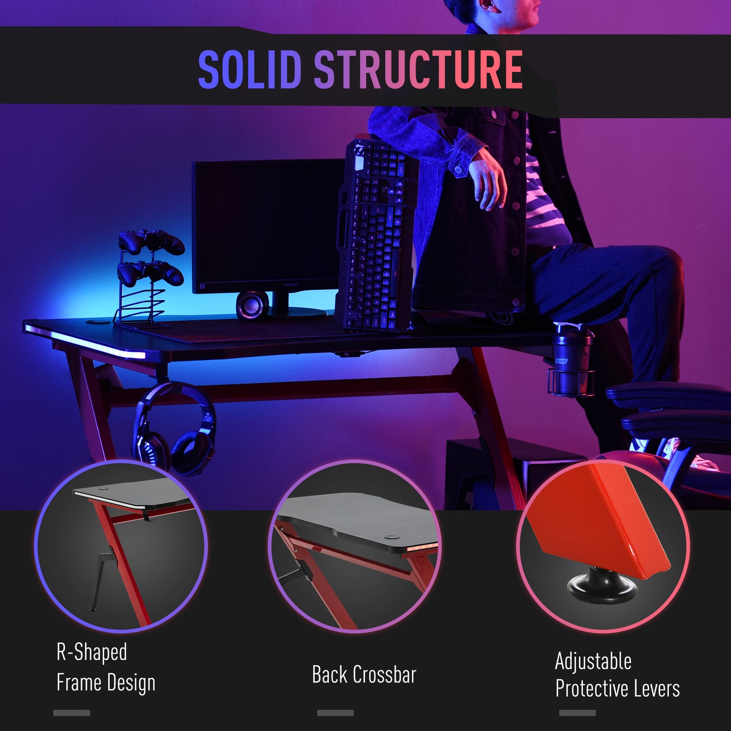 RGB 120 x 66cm Gaming Desk, Computer Table with Carbon Fibre Surface, Headphone Hook, Cup Holder, Controller Rack, Home Office Desk, Black and Red, HOMCOM, 7