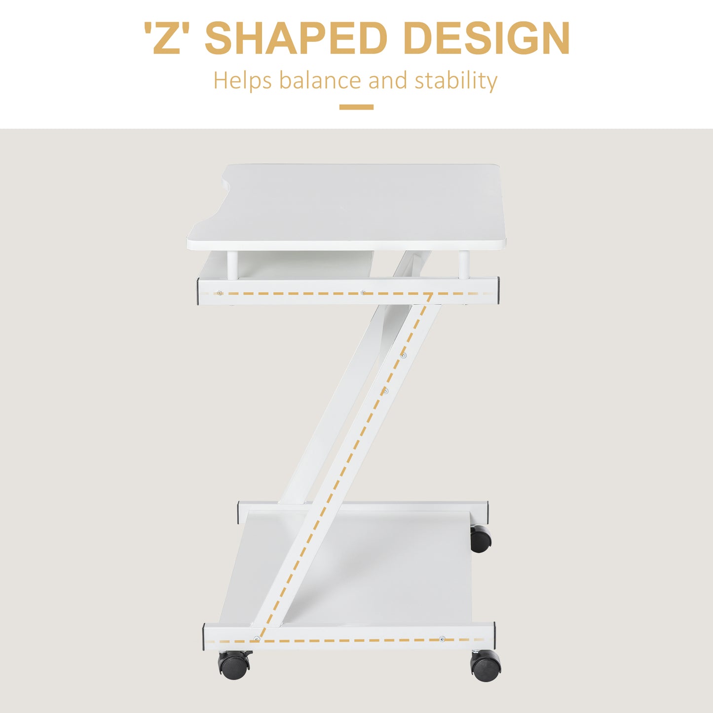 Movable Computer Desk with 4 Moving Wheels Sliding Keyboard Tray Home Office Workstation White, HOMCOM, 4