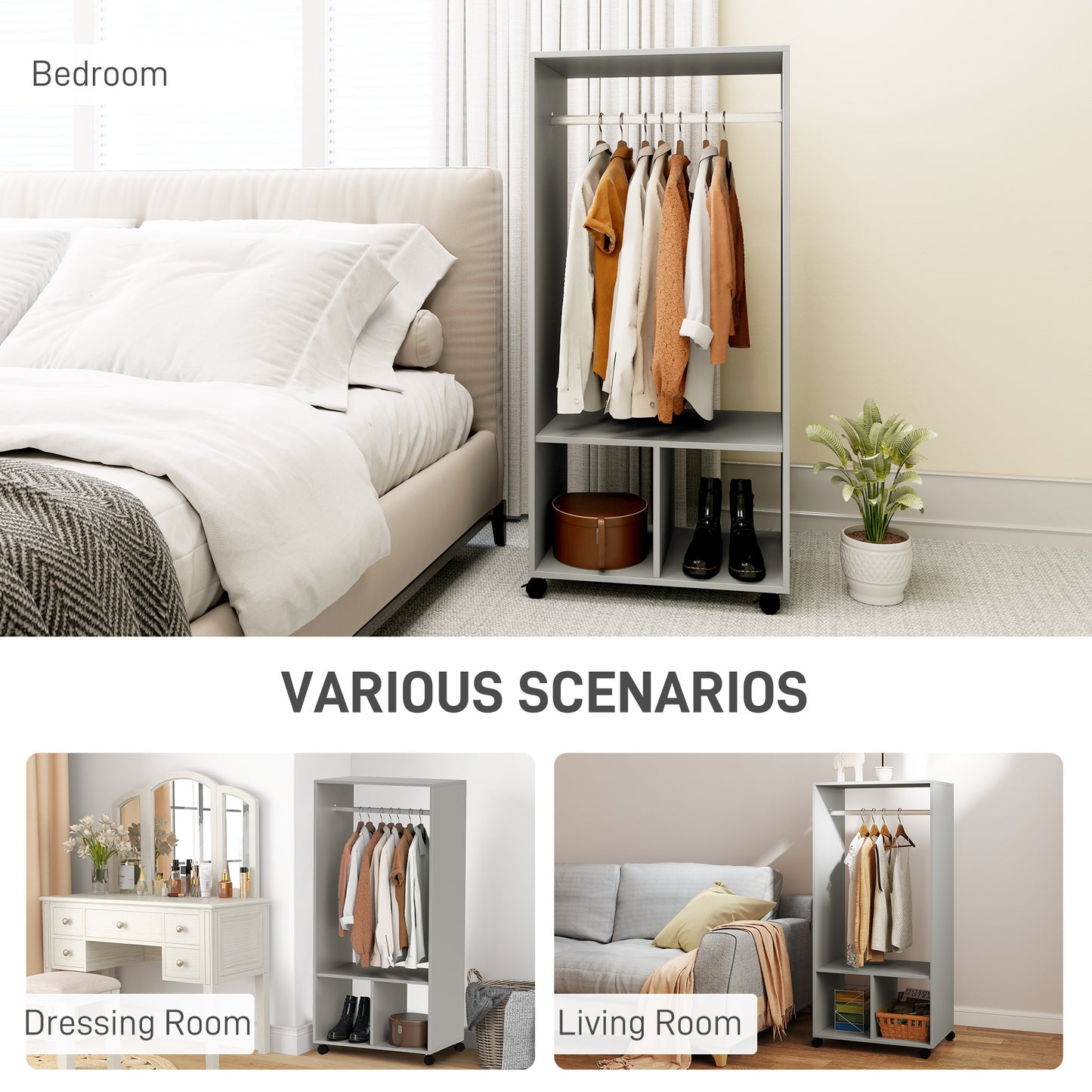 Open Wardrobe for Bedroom, Small Wardrobe on Wheels with Clothes Rail, Storage Shelves, Mobile Garment Rack for Clothes Storage, Cloakroom, Hallway, Grey, HOMCOM, 6