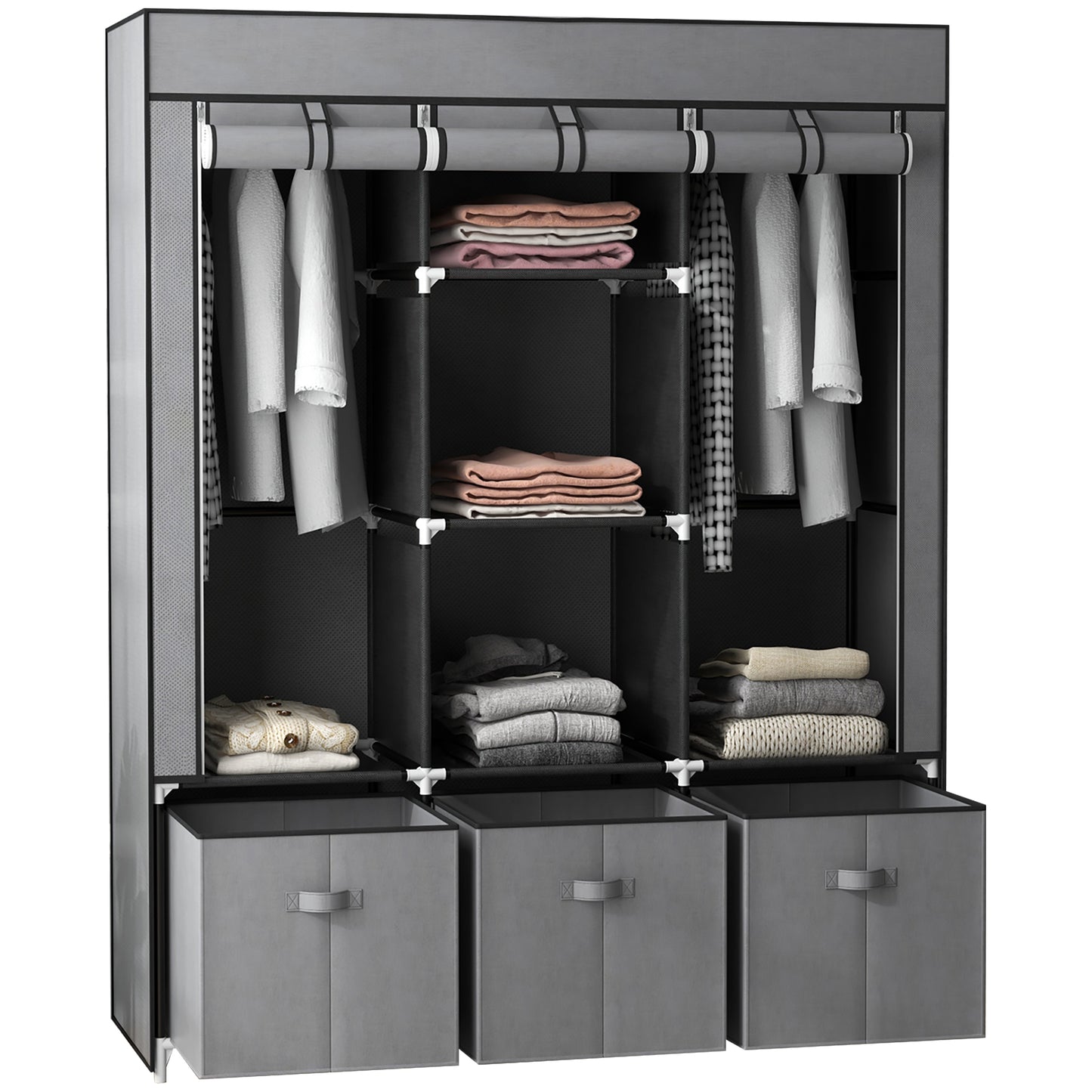 Fabric Wardrobe for Bedroom, Portable Wardrobe with 5 Shelves, 2 Hanging Rails and 3 Fabric Drawers, Foldable Closet, 125 x 43 x 162.5cm, Dark Grey, HOMCOM, 1