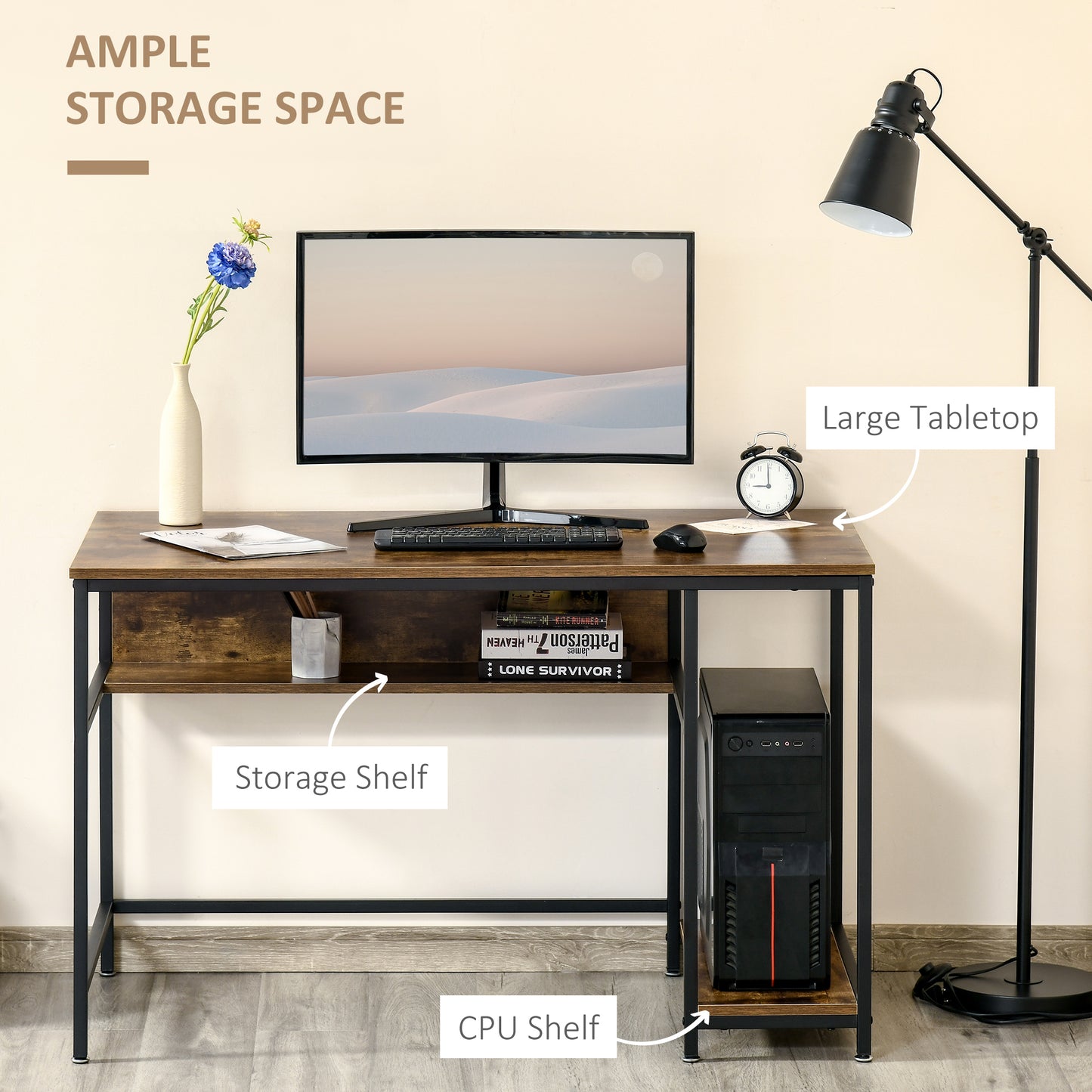 Computer Desk with Storage, 120 x 60cm Home Office Desk with 2 Shelves and Steel Frame, Writing Table for Living Room, Study, Rustic Brown, HOMCOM, 4