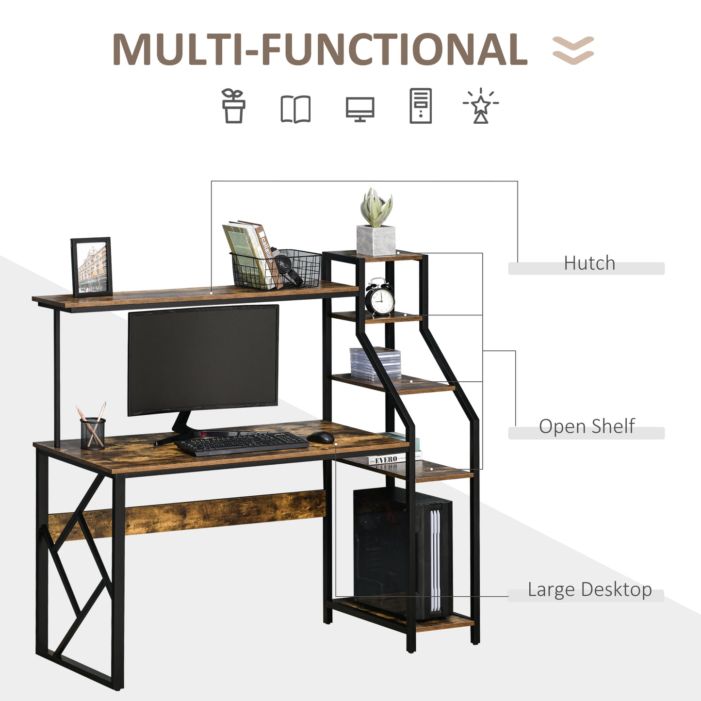 Computer Desk with Bookshelf, Industrial Writing Table with 6 Tier Storage Shelves for Home Office, Bedroom, Study, 150 x 55 x 138cm, Rustic Brown, HOMCOM, 4