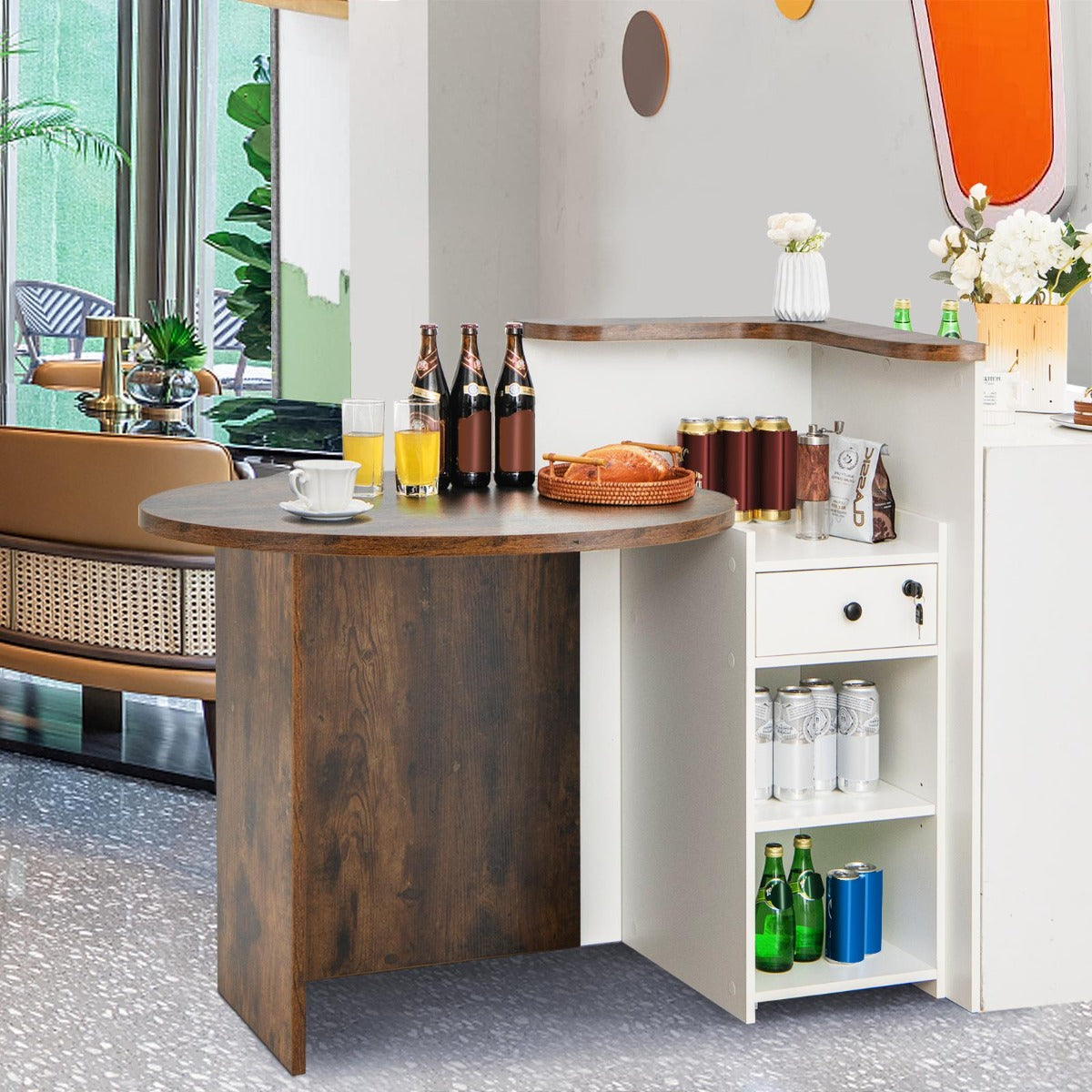Reception Desk with Lockable Drawer and Adjustable Shelf for Office-Rustic Brown, Costway, 2