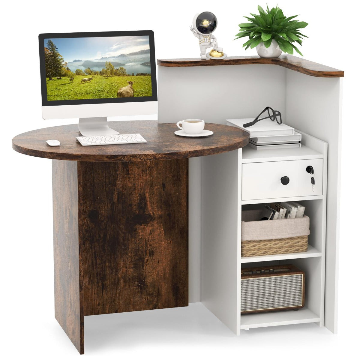 Reception Desk with Lockable Drawer and Adjustable Shelf for Office-Rustic Brown, Costway, 4