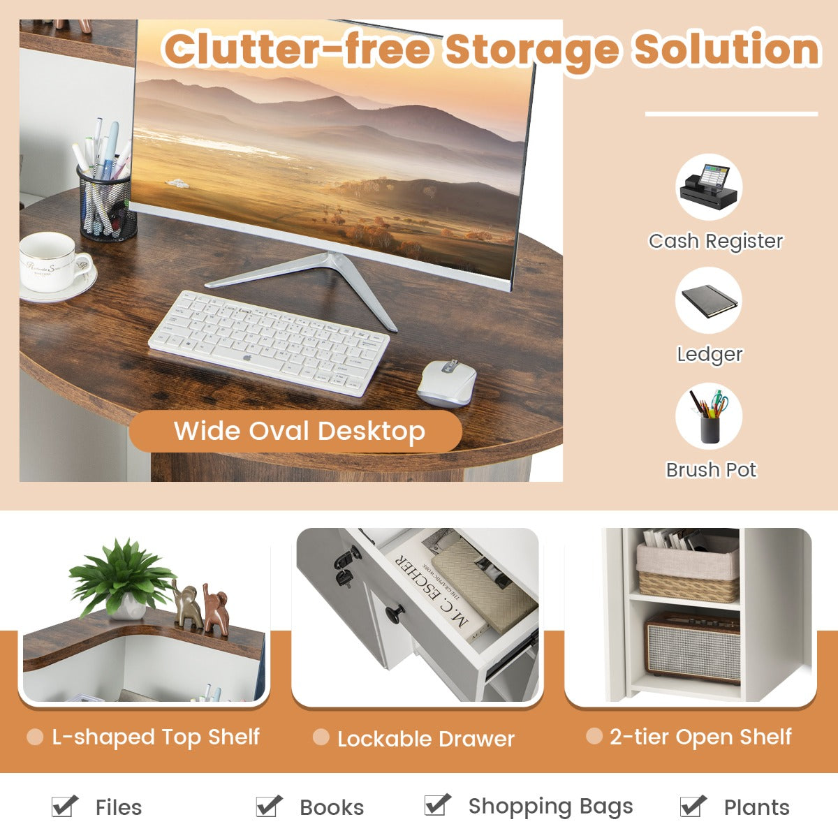 Reception Desk with Lockable Drawer and Adjustable Shelf for Office-Rustic Brown, Costway, 7