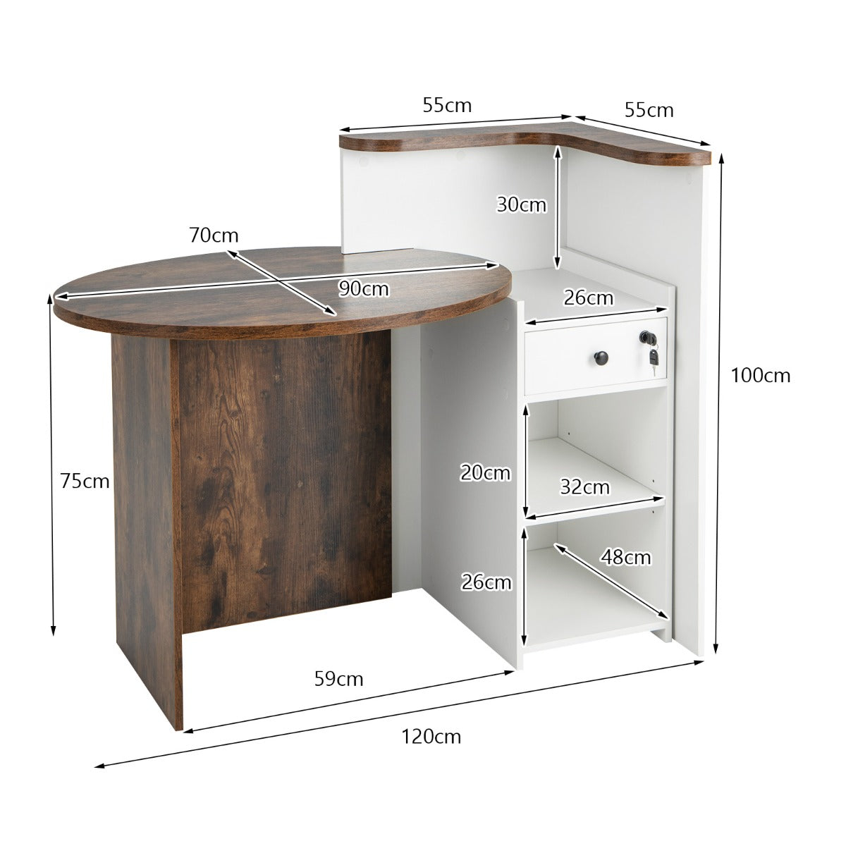 Reception Desk with Lockable Drawer and Adjustable Shelf for Office-Rustic Brown, Costway, 5