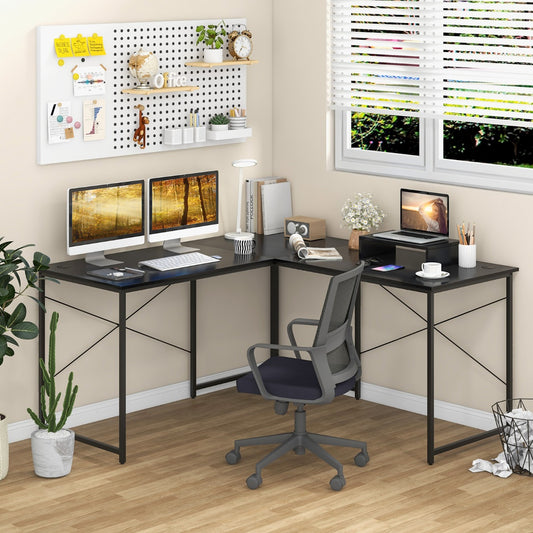 Reversible Corner Study Workstation and Writing Desk with Monitor Stand-Black, Costway, 2