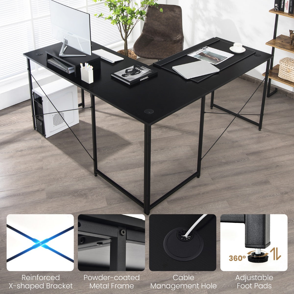 Reversible Corner Study Workstation and Writing Desk with Monitor Stand-Black, Costway, 5