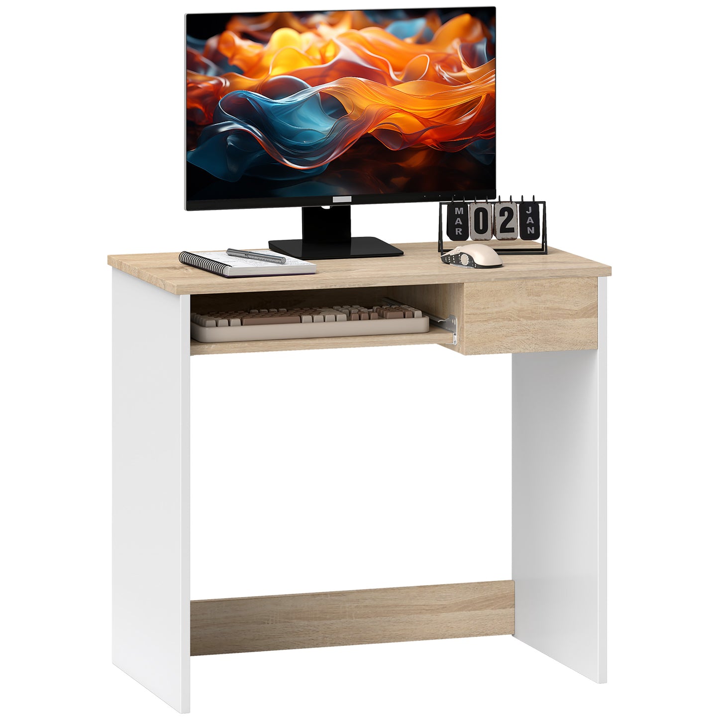 Compact Computer Table with Keyboard Tray Drawer Study Office Working Writing Desk, Oak Colour, HOMCOM, 1