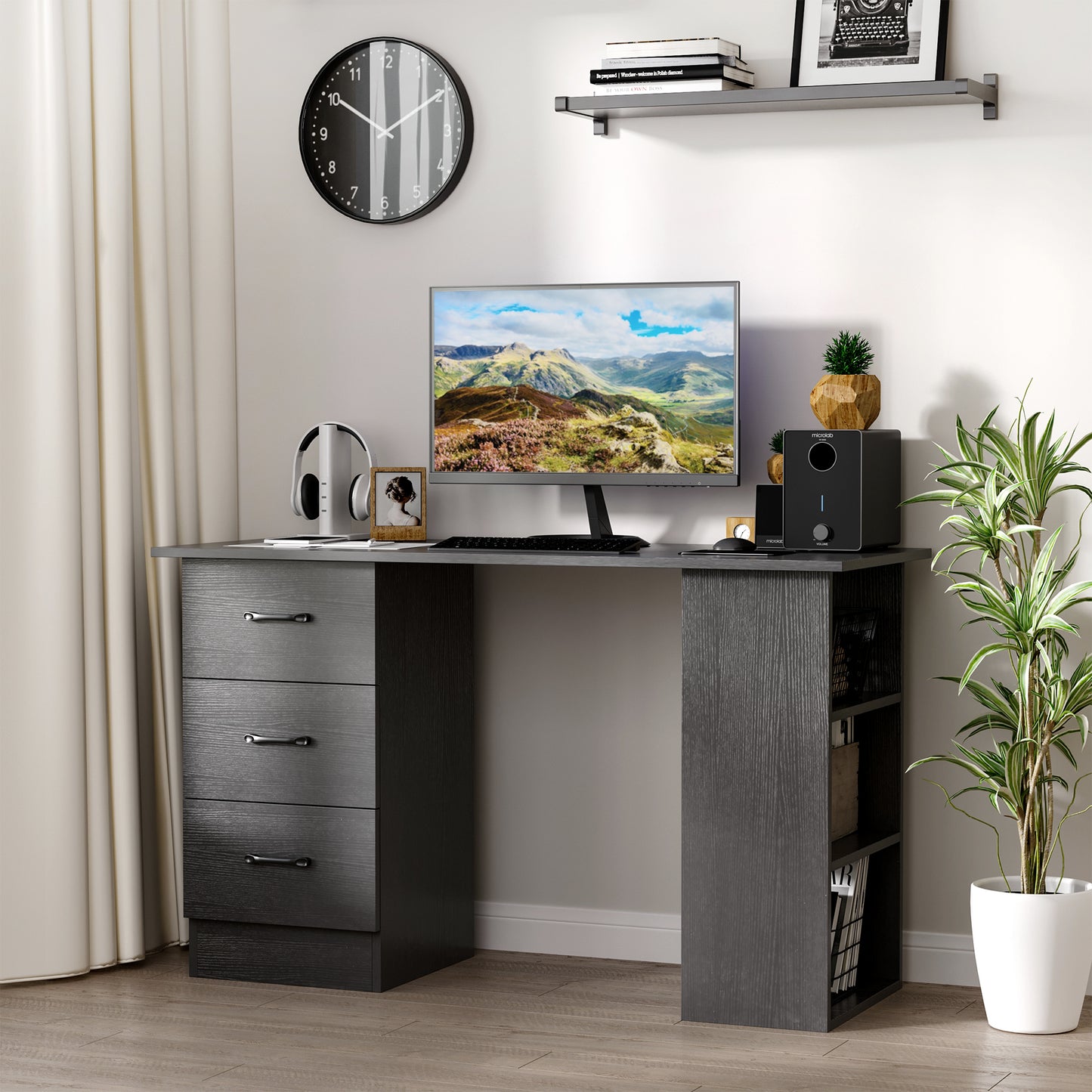 Computer Desk, Writing Table, PC Workstation with 3 Storage Shelves and Drawers, Black Handle, for Home Office, Black, HOMCOM, 2