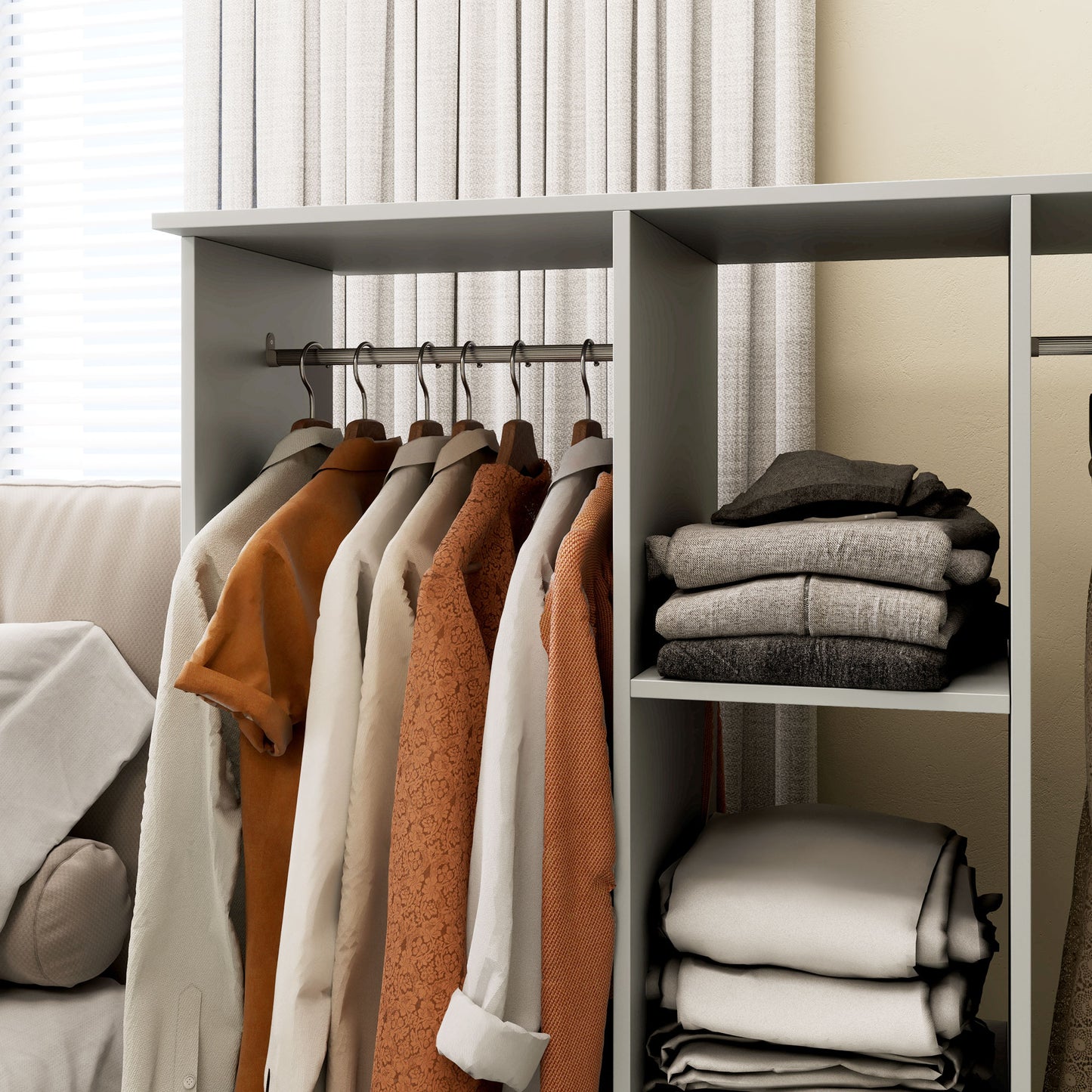 Double Open Wardrobe on Wheels, Bedroom Wardrobe with Clothes Hanging Rails, 3 Storage Shelves, Mobile Garment Rack for Cloakroom, Hallway, Grey, HOMCOM, 8
