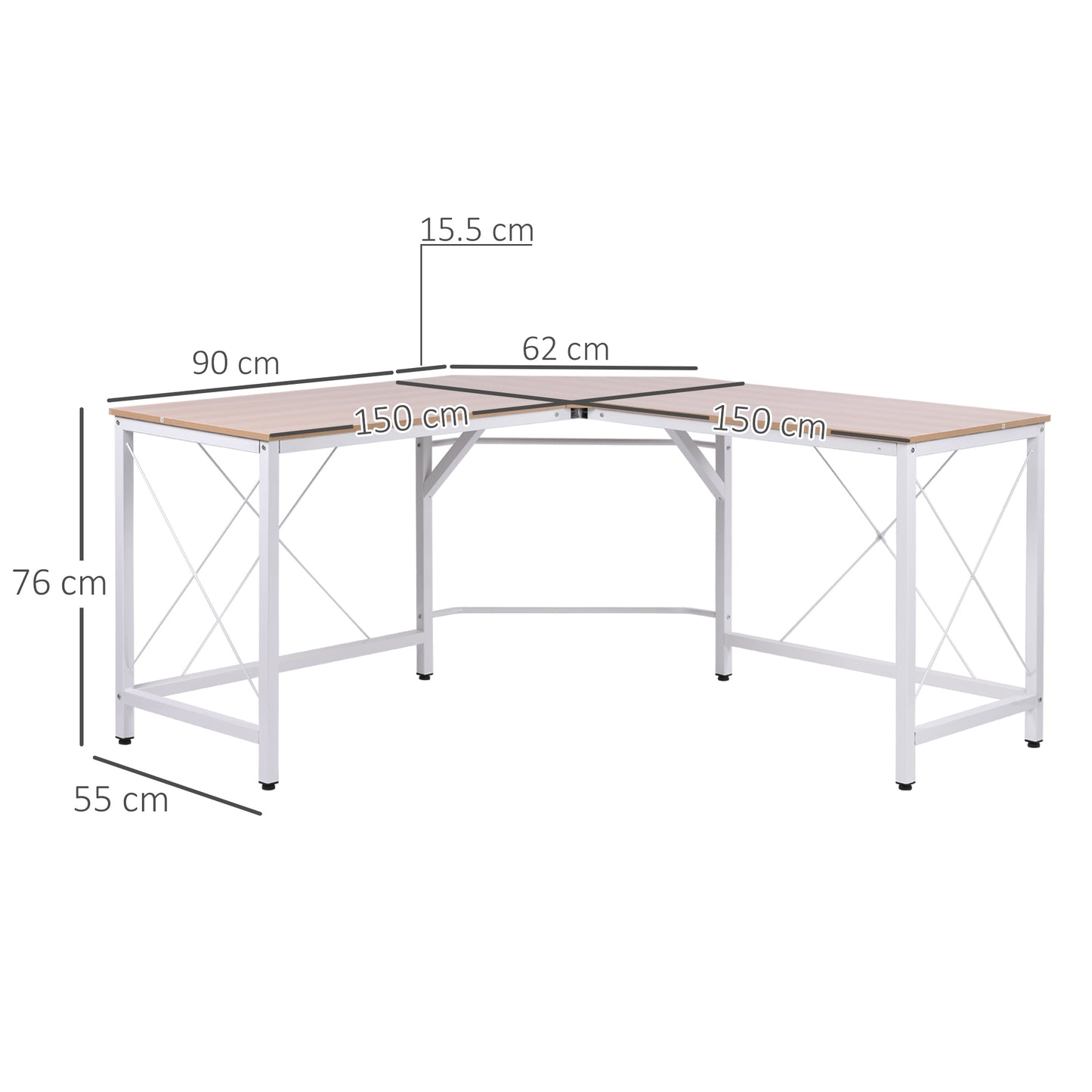 L-Shaped Corner Desk, Computer Desk for Home Office, Space-Saving Study Workstation, Easy to Assemble, 150 x 150 x 76cm, Oak, HOMCOM, 3