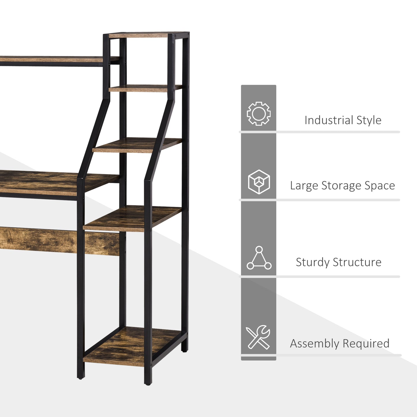 Computer Desk with Bookshelf, Industrial Writing Table with 6 Tier Storage Shelves for Home Office, Bedroom, Study, 150 x 55 x 138cm, Rustic Brown, HOMCOM, 6