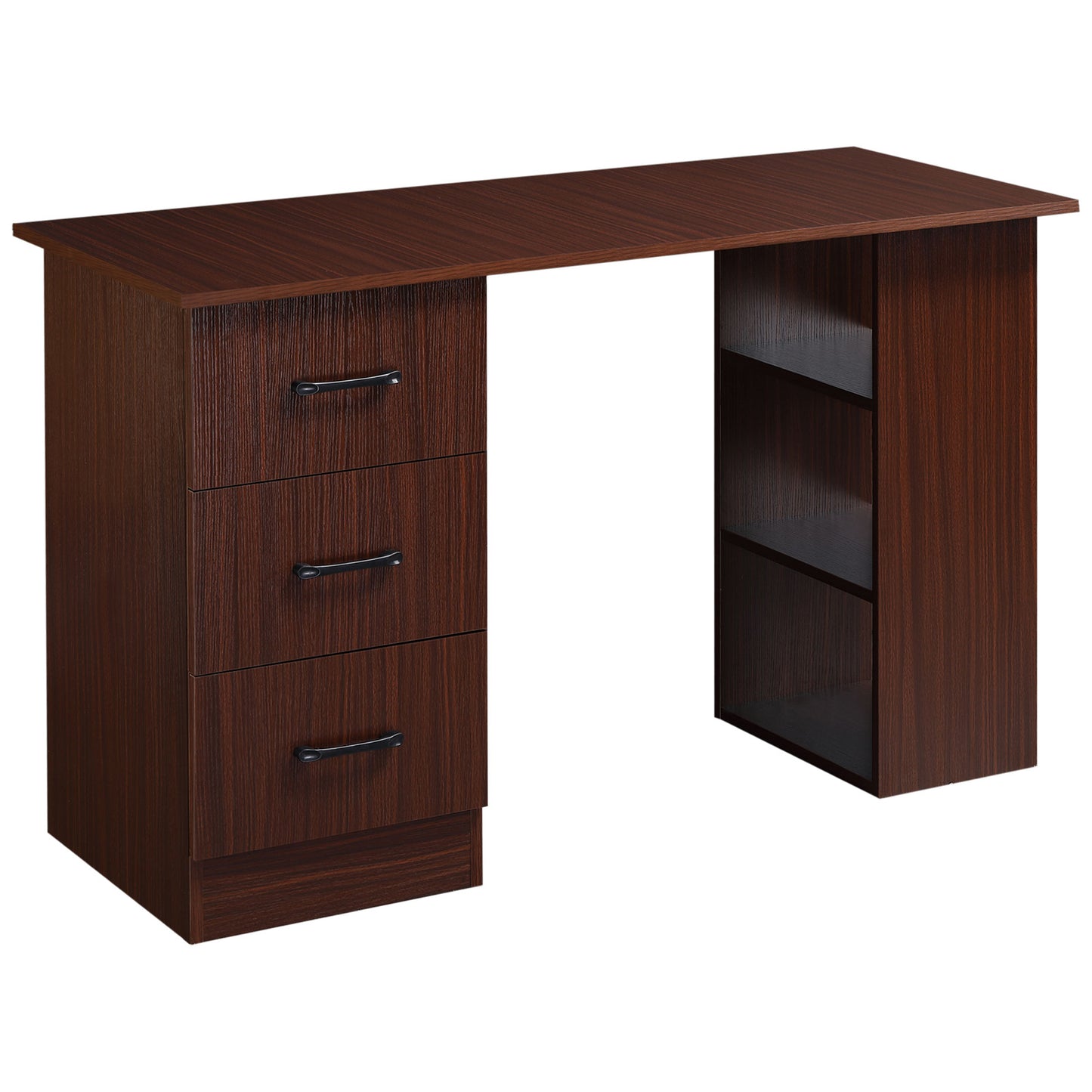 Computer Desk, Writing Table, PC Workstation with 3 Storage Shelves and Drawers, Black Handle, for Home Office, Walnut Brown, HOMCOM, 1