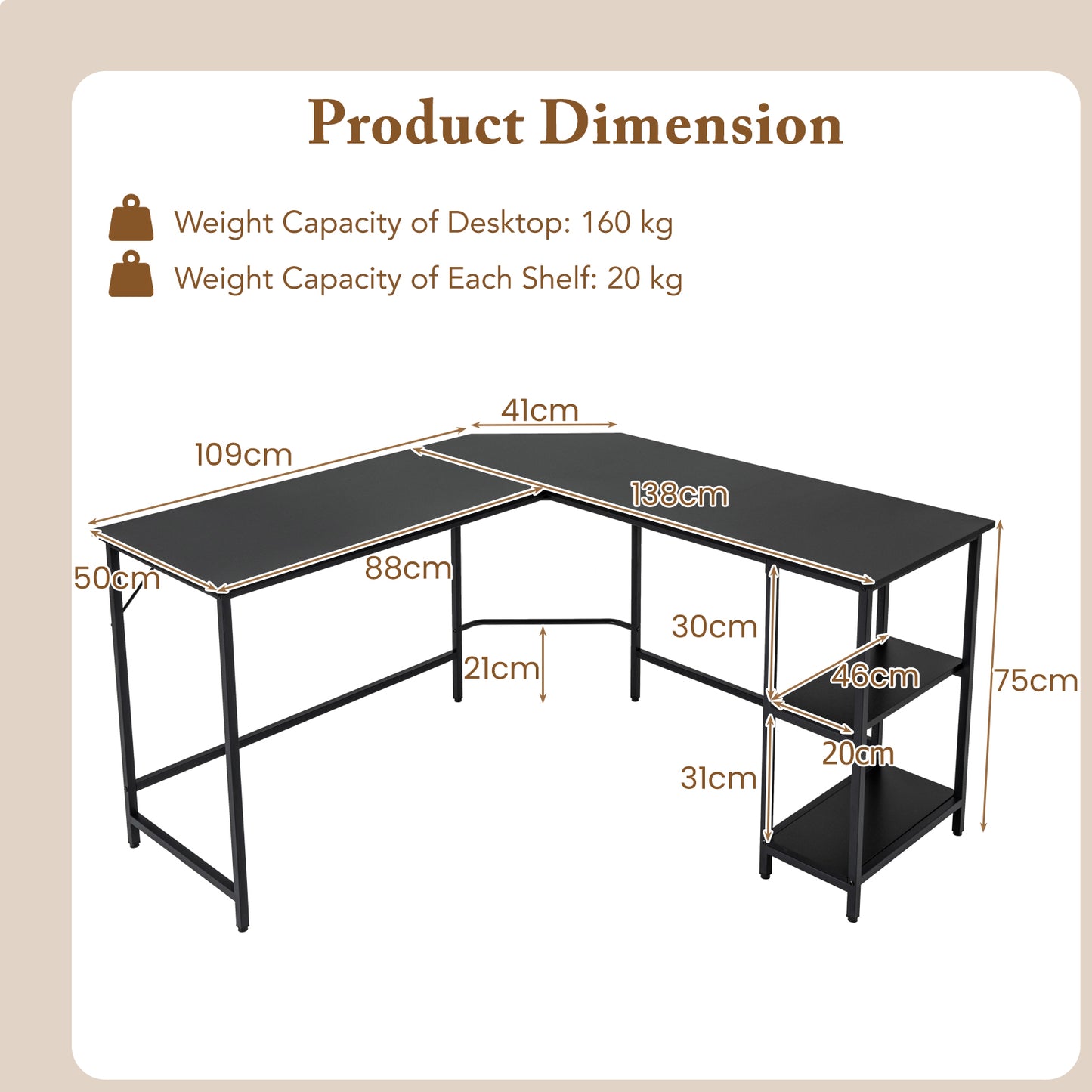 L-Shaped Computer Desk with 2-tier Shelves for Home Office Bedroom-Black, Costway, 5